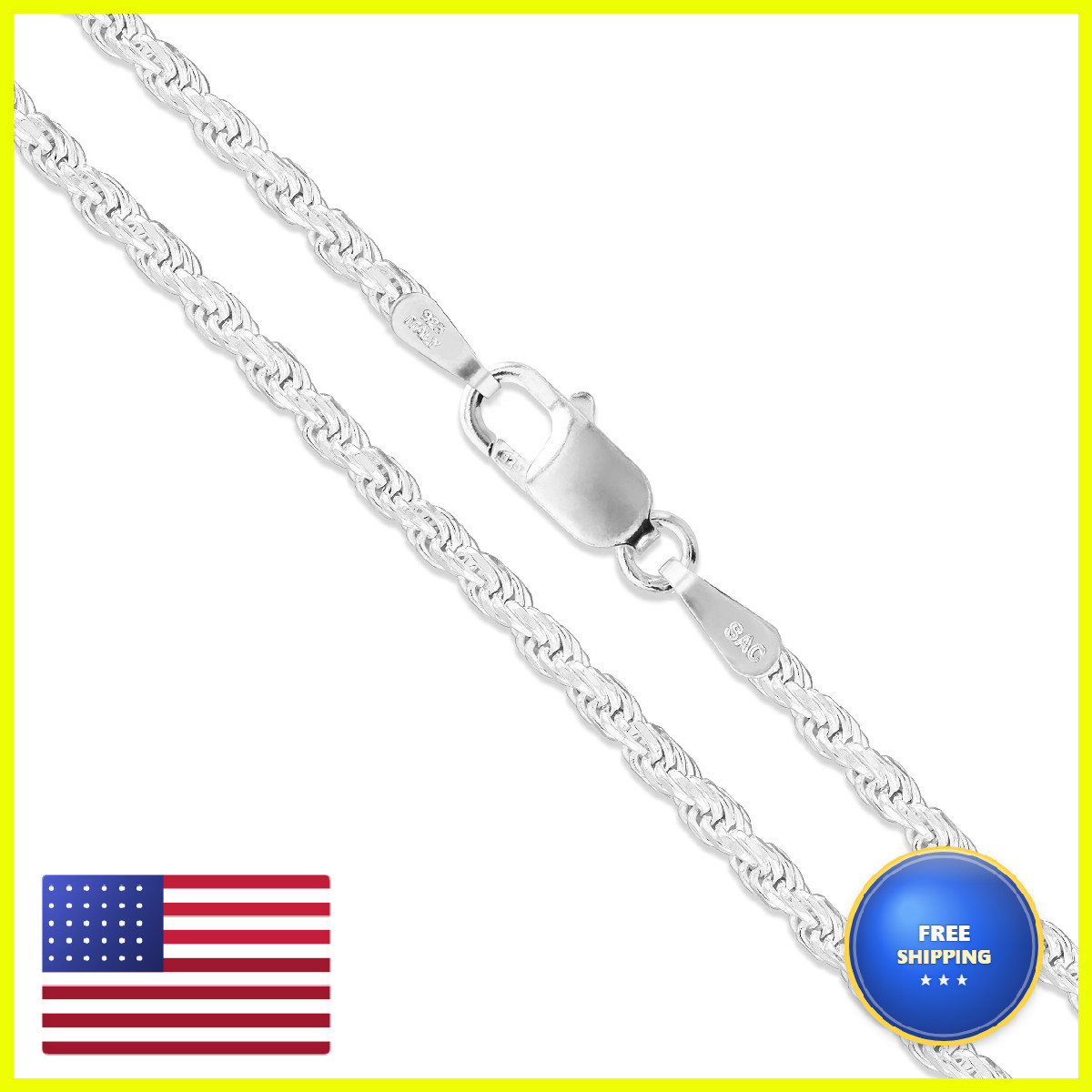Sac Silver Sterling Silver Diamond-Cut Rope Chain 2Mm Solid 925 Italy Necklace