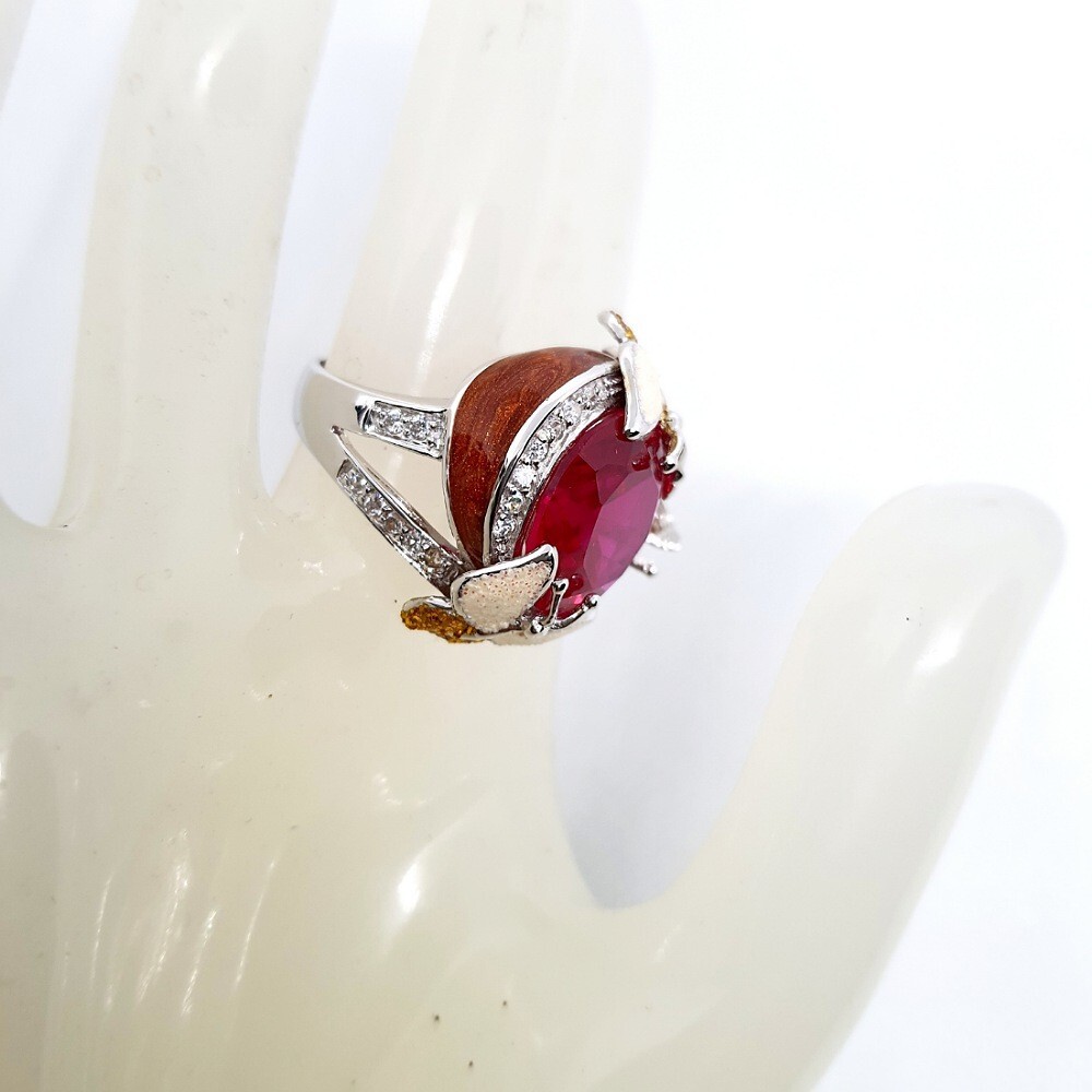 Ring RUBY simulated 925 STERLING SILVER enamel Butterfly women cocktail size 7