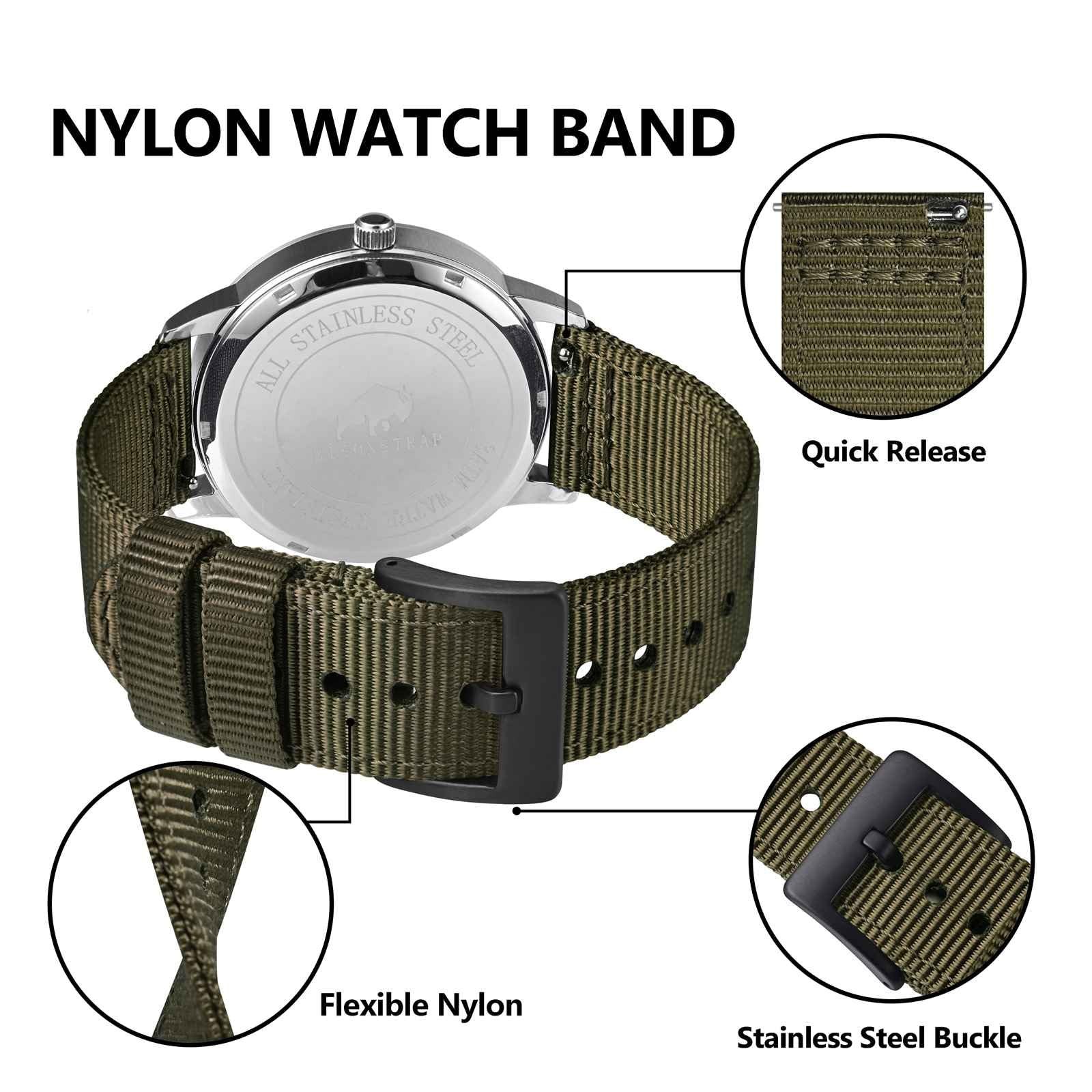 BISONSTRAP Men’s Nylon Watch Bands, Two-Piece 20mm, Army Green (Black Buckle)