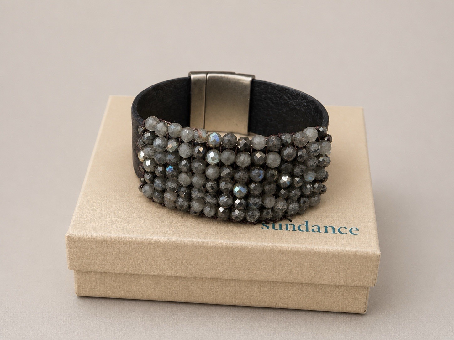 Sundance Laborite Leather Cuff Bracelet w/ Gray Round Beads, Buckle Closure