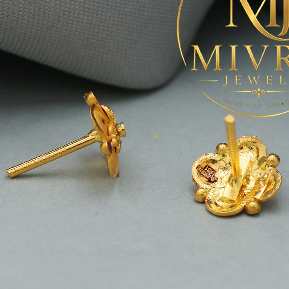 22K True Gold Ribbon Stud Earrings 1cm Hallmarked Lightweight Women’s Jewelry