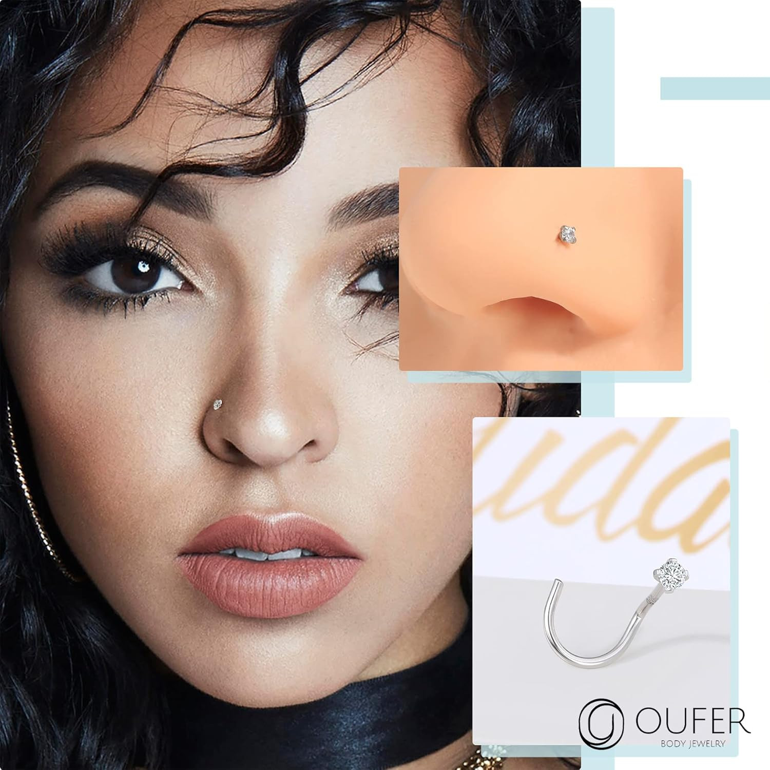 925 Sterling Silver Nose Stud, Bone L Screw Shaped Nose Rings, 20G Nostril Solid