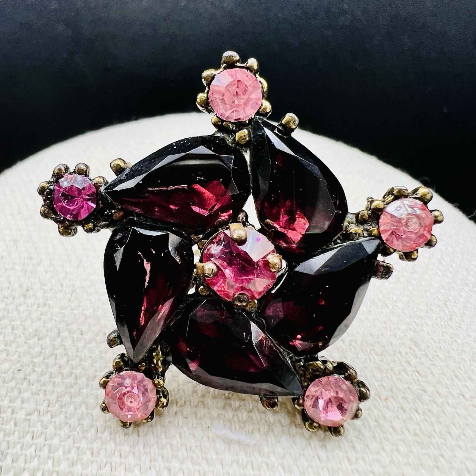Vintage Plum Purple Navette Rhinestone Floral Statement Brooch Gold Tone
