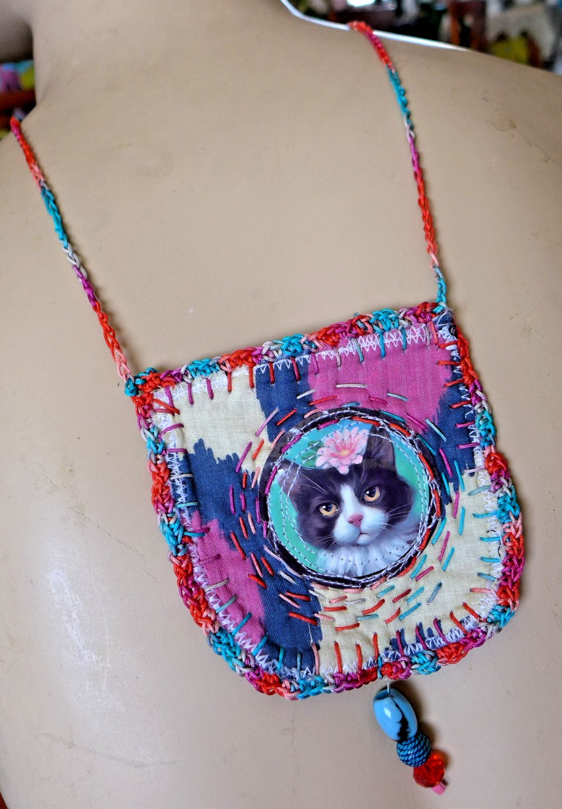 Handmade Crocheted art Necklace Cotton Fabric embroidered crocheted+ Beads