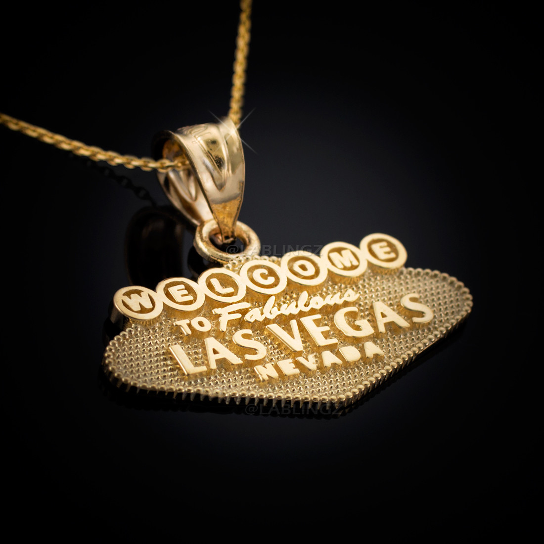 14K Yellow Gold Las Vegas Welcome Sign Reversible Charm Necklace