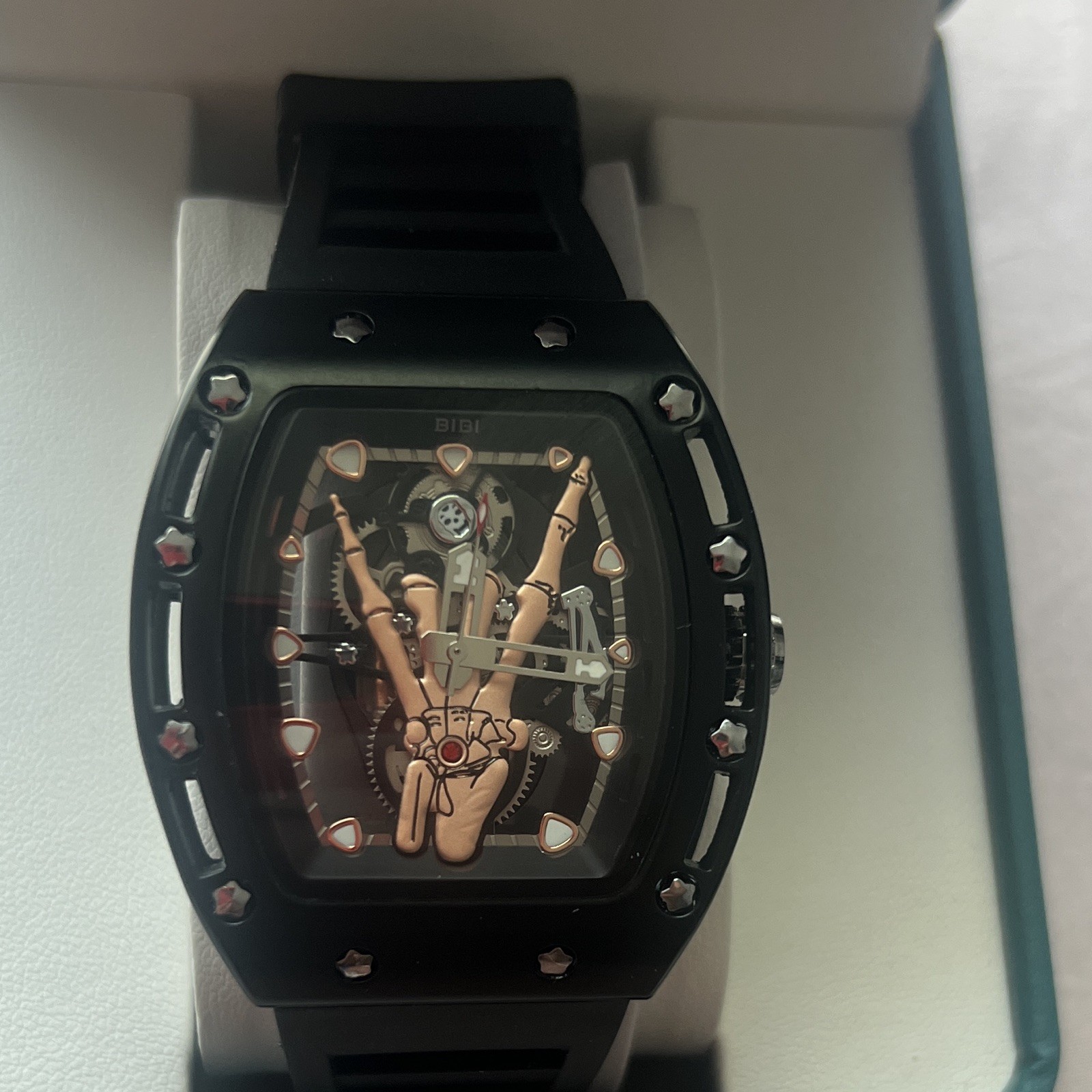 BiBi Luxury Automatic Watch 45mm Tonneau Skeleton Dial Black Rubber Box