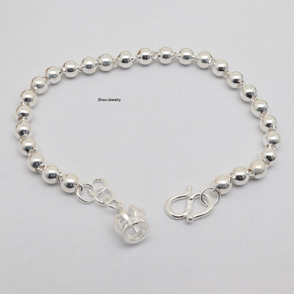 Pure 999 Fine Silver Women Bracelet 5mm Bead Link Bracelet 7.48inch Crown Charm