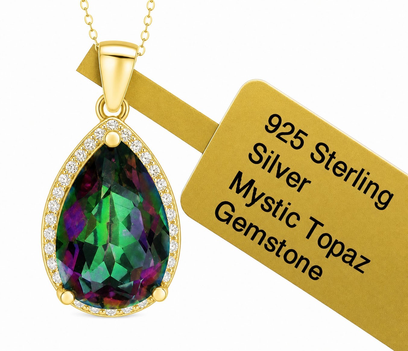 CREATED MYSTIC TOPAZ 5.15 Cts & SAPPHIRE PENDANT NECKLACE 14K GOLD PLATED(.925)