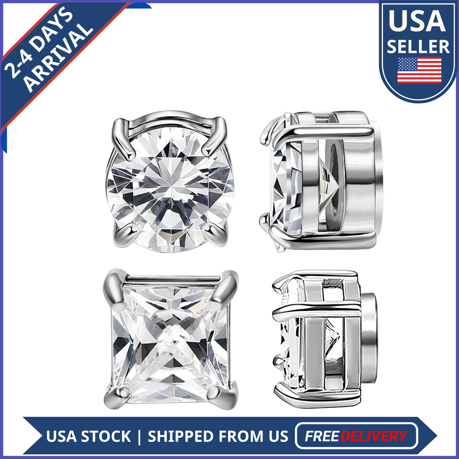 NEWITIN 2 Pairs Magnetic Stud Earrings Stainless Steel Clip On Non Piercing CZ D