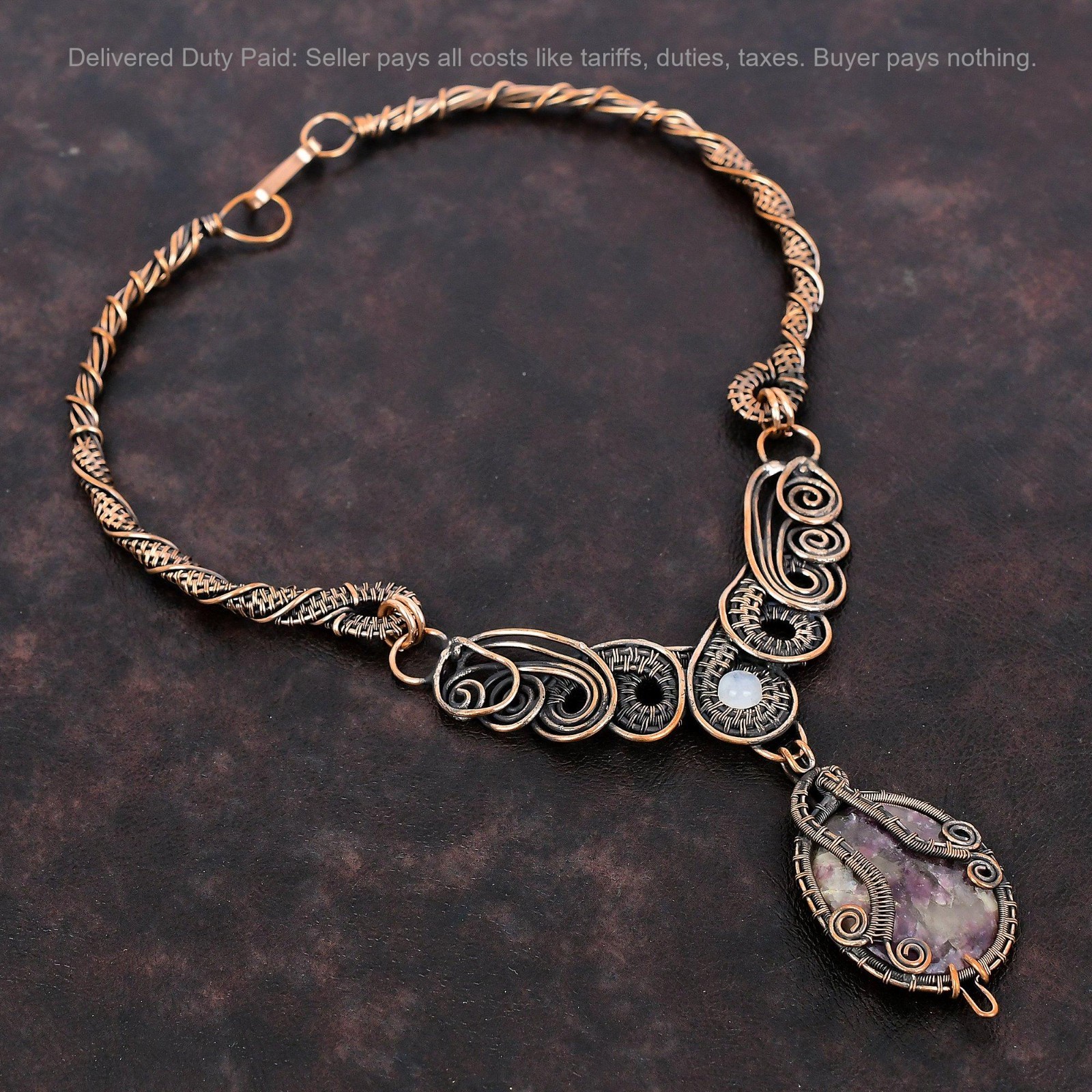 Pink Tourmaline Stone Rainbow Moonstone Copper Chain Birthday Necklace Jewelry