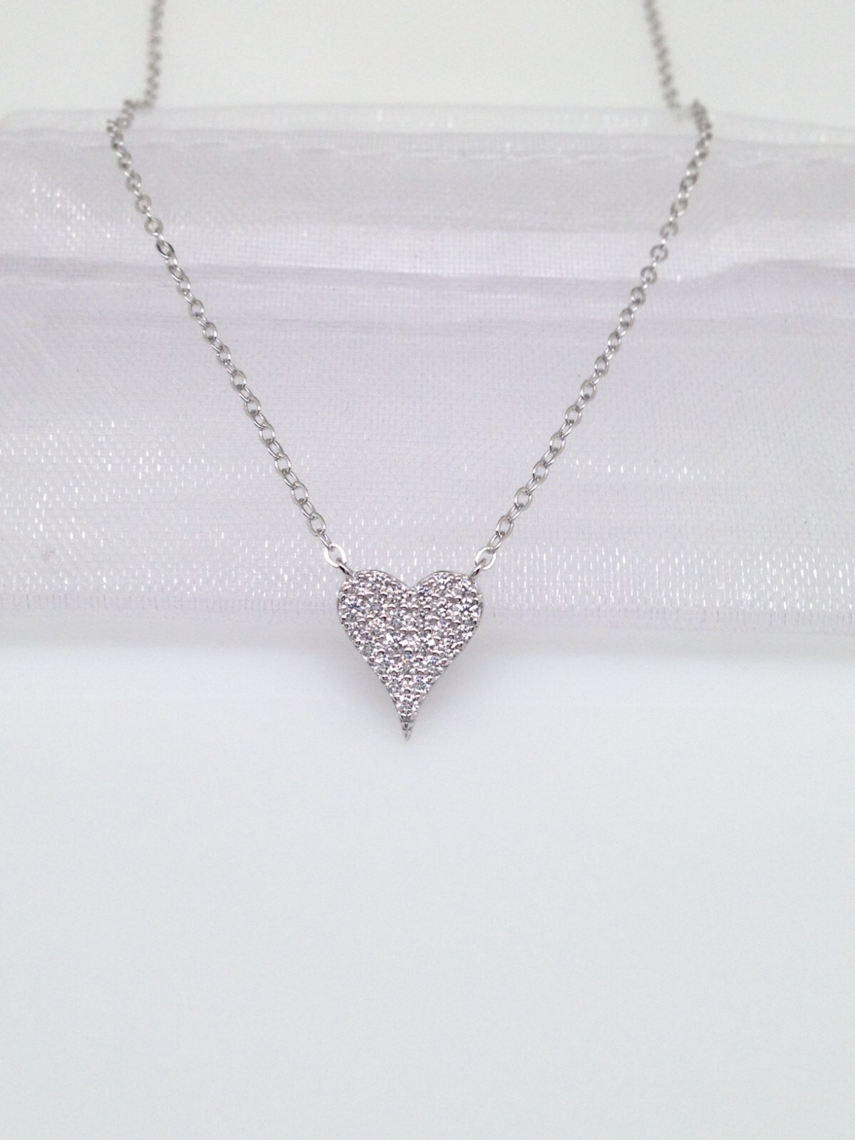 Cz Pave Heart Necklace 925 Sterling Silver Tiny Heart Pendant 9mm(0.35″) 17.75″