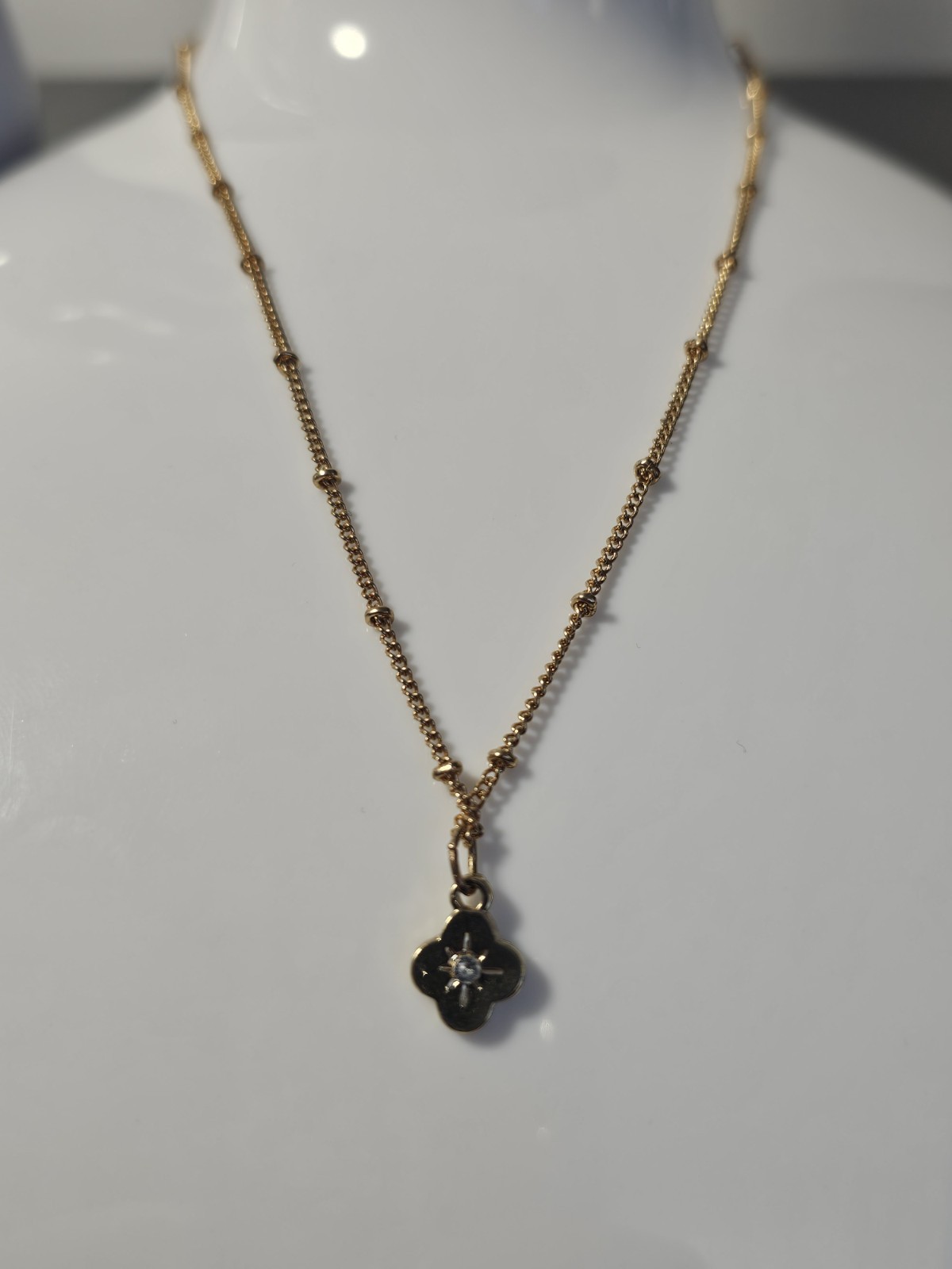 Gold Tone Station Chain Necklace Clover Flower Pendant Clear Rhinestone Costume