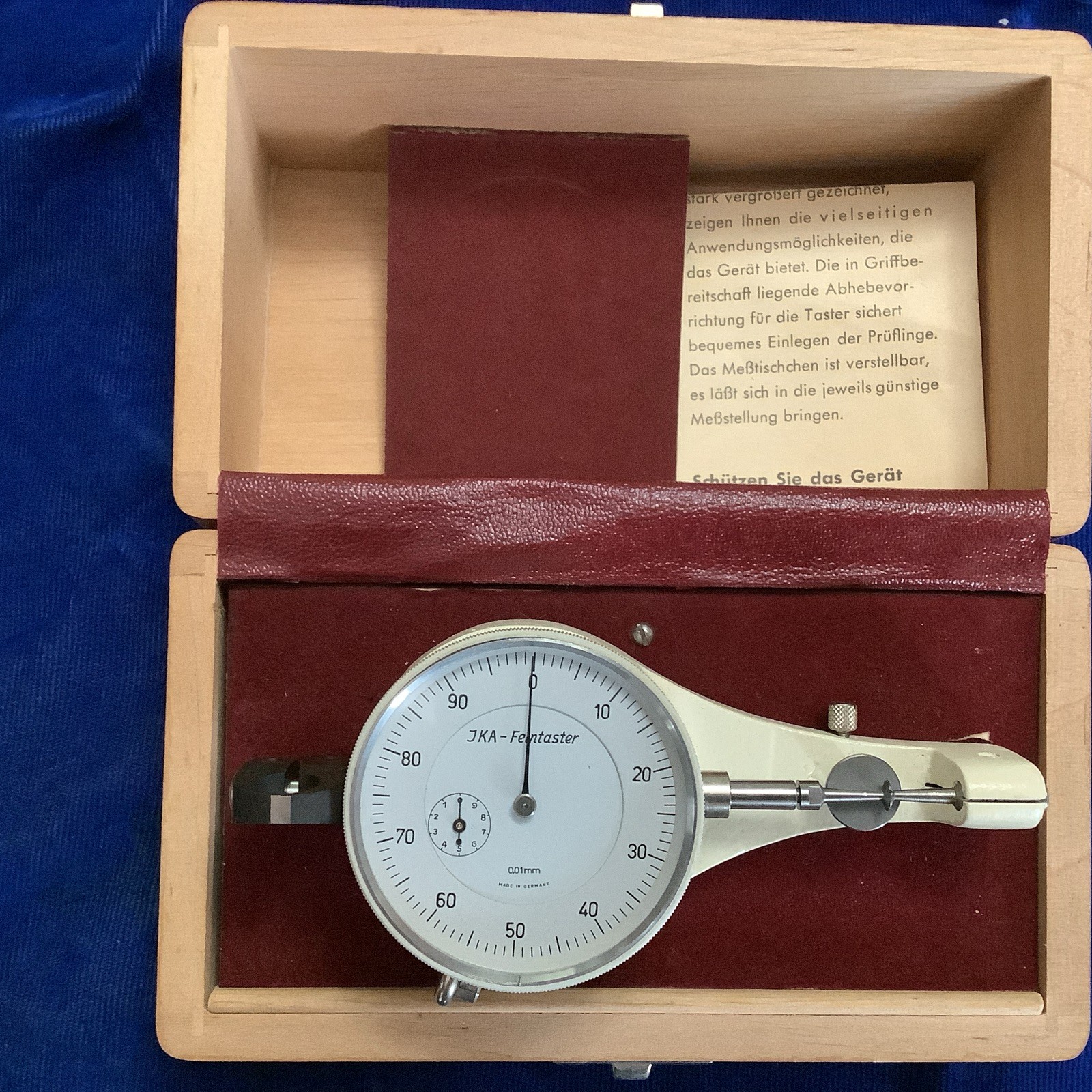 Vintage JKA Feintaster Dial Test Indicator 0.01mm Precision Gauge w/ Wood Case