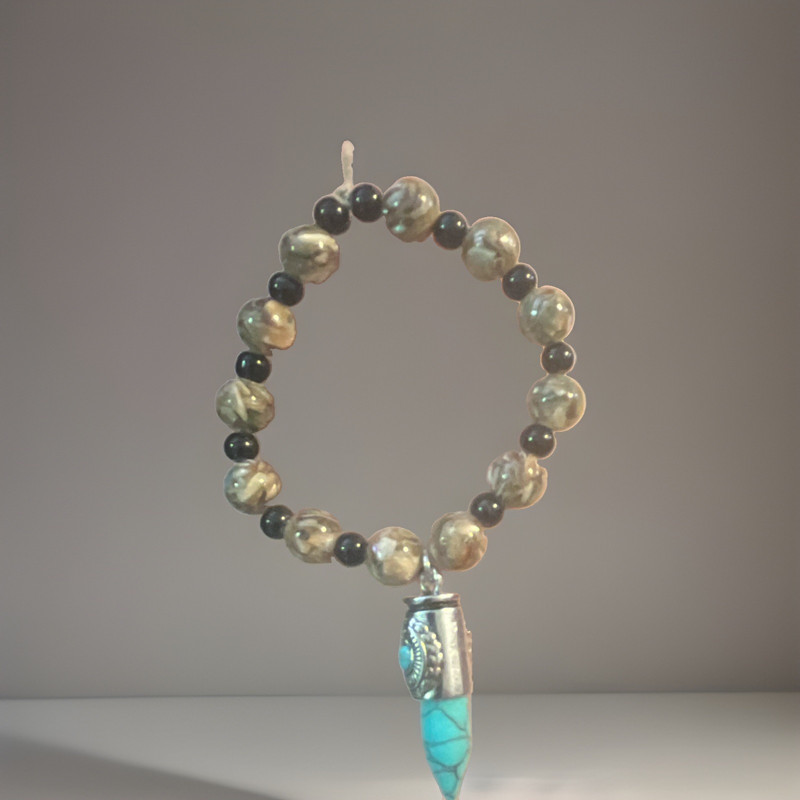 Multicolor Stone Beaded Stretch Slip-On Bracelet with Turquoise Dangle Charm