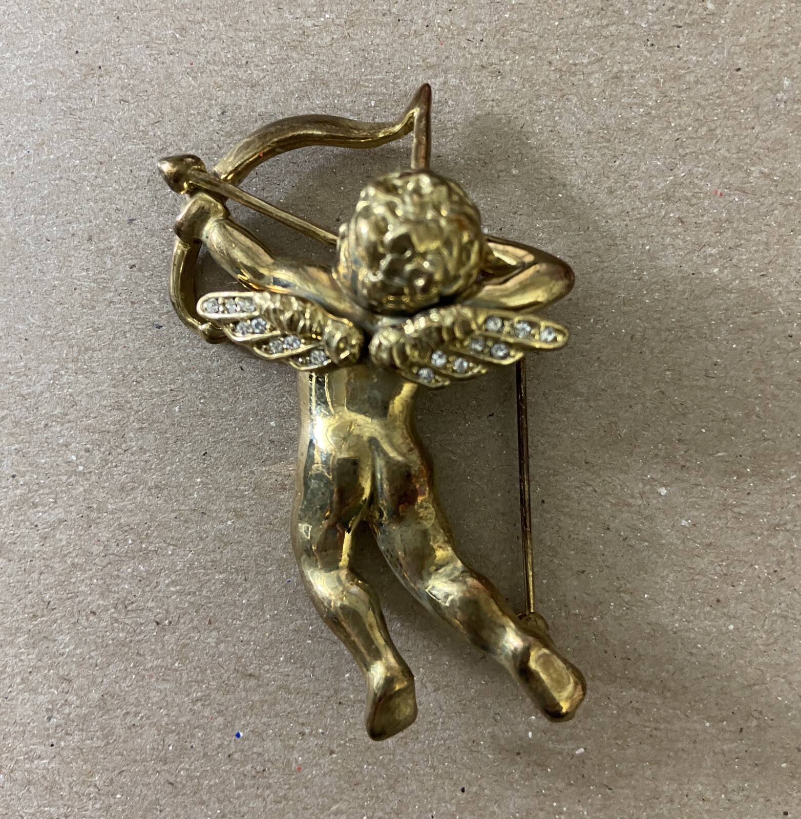 Gold Tone Rhinestone Cupid with Bow Valentine Pin brooch 2 1/8 in Jewelry