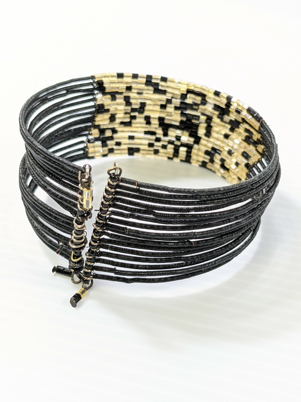 Artisan Black Beige Glass Bead Multi Strand Memory Wire Cuff Bracelet