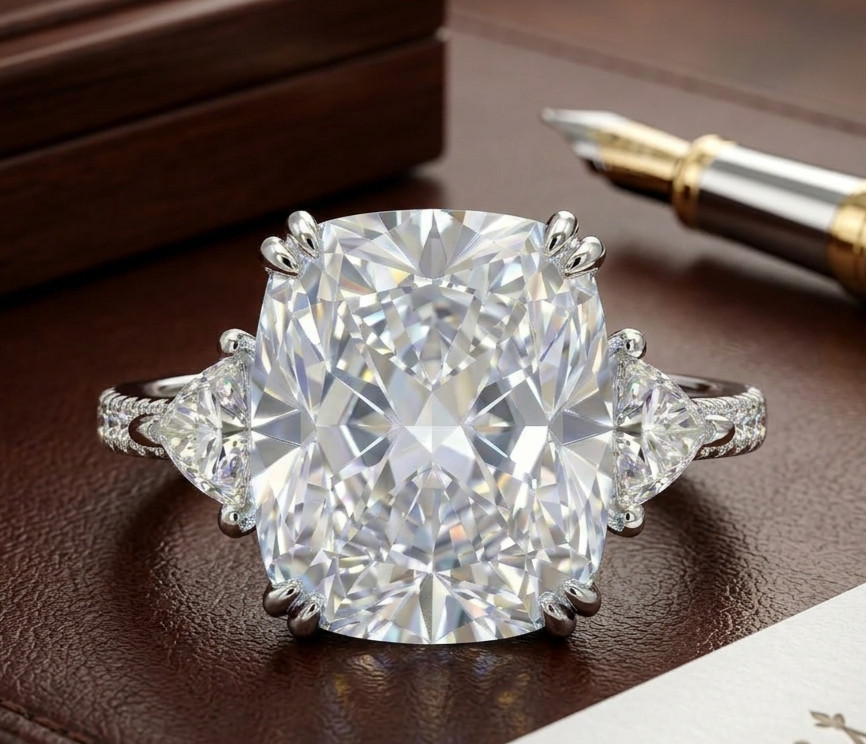 8.00 Ct Certified Cushion Cut White Natural Diamond Ring VVS1 White Gold Finish