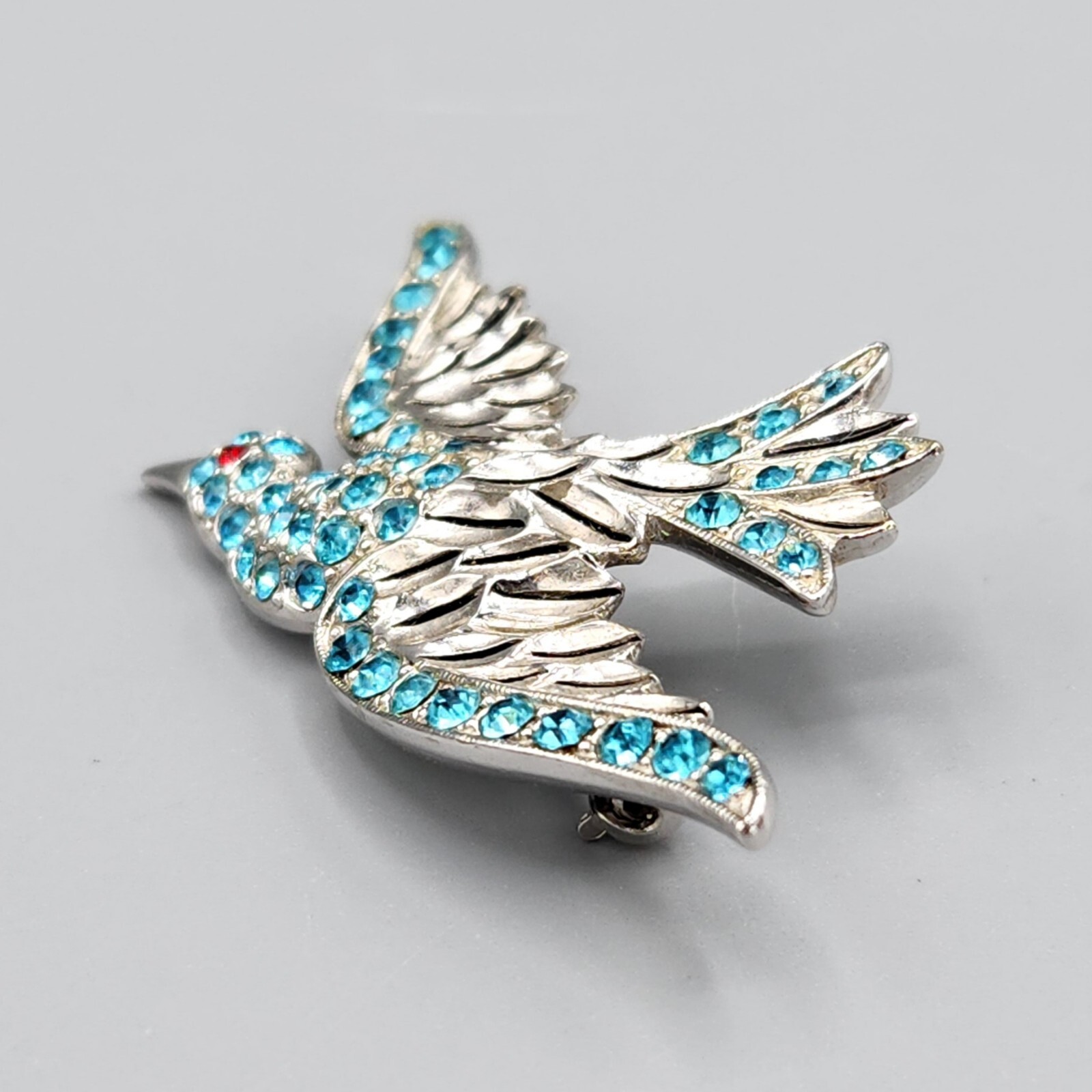 Vintage Retro Ora Signed Figural Blue Rhinestone Rhodium Plate Bird Brooch