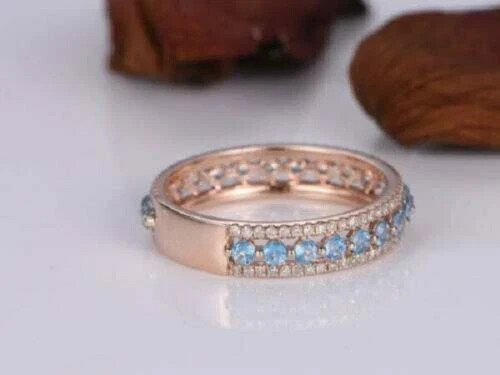 1.50Ct Round Cut Aquamarine Half Eternity Wedding Band Ring 18K Rose Gold Finish