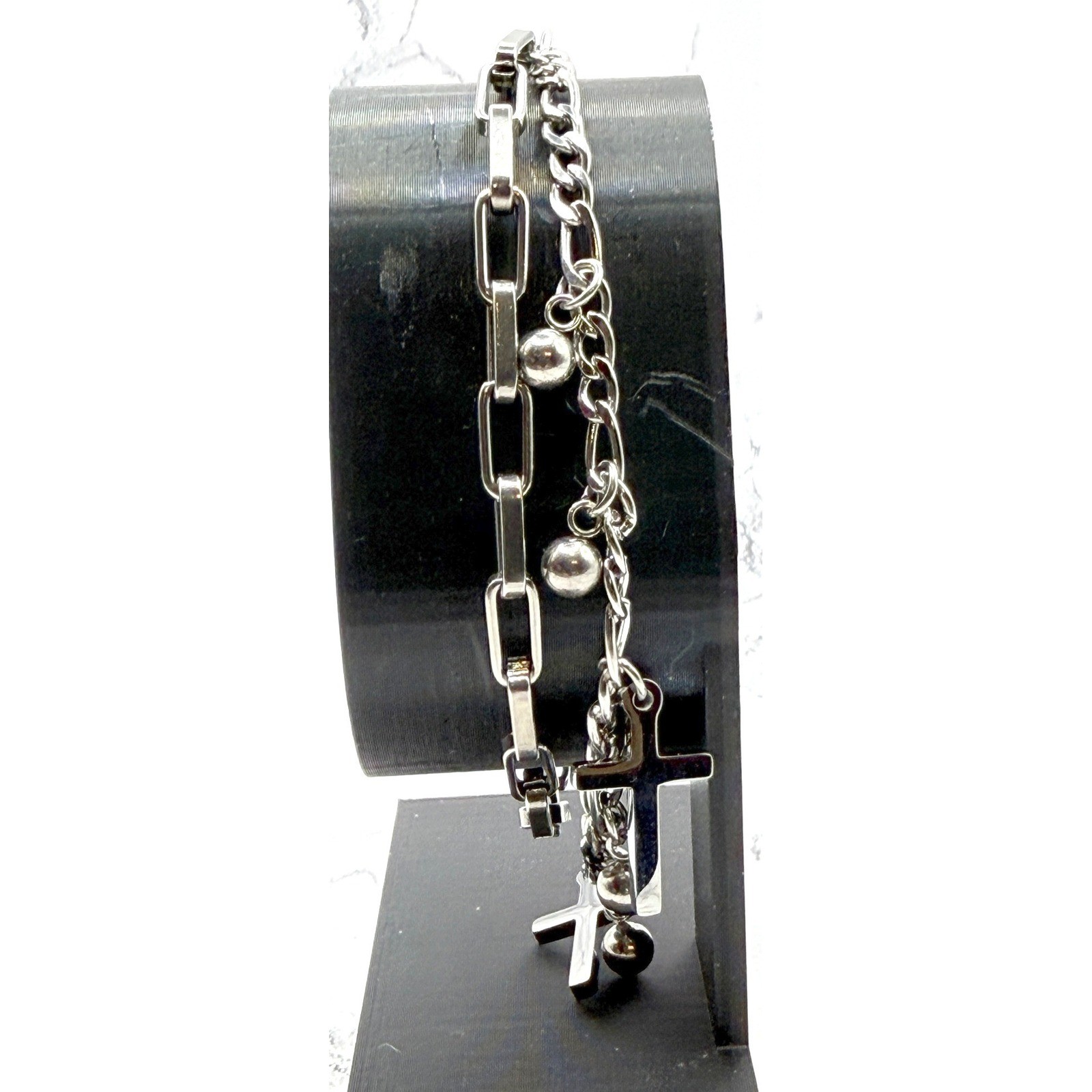 New Stainless Steel Cross Charm Layered Bracelet Silver Multi Strand 6.5–8.5″