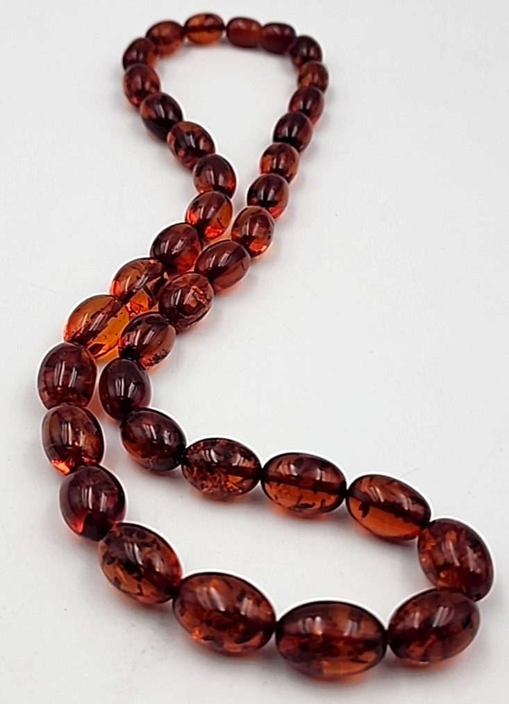 Pressed Amber Oval Bead Necklace Cognac Barrel Clasp 18.5 in Vintage