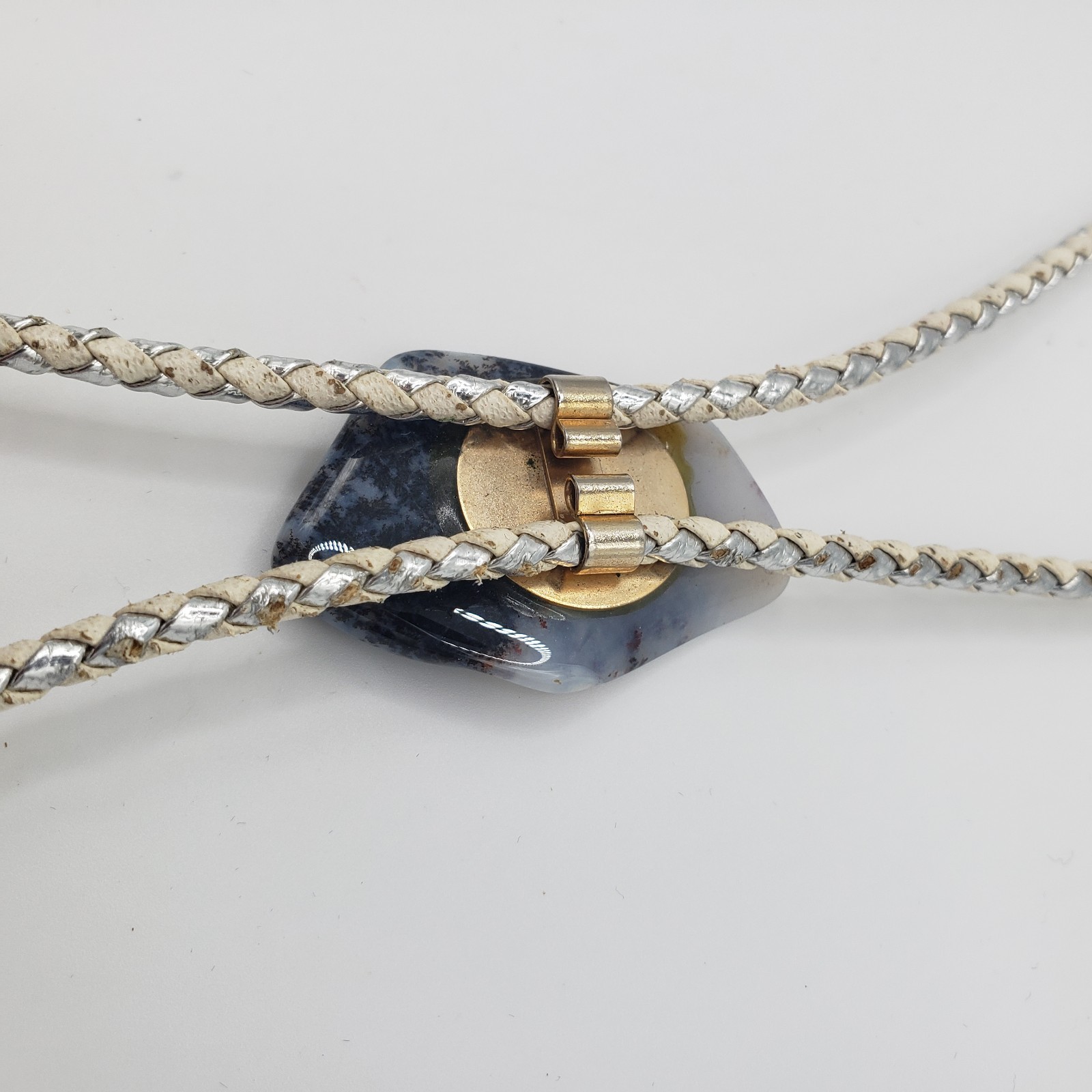Vintage Dendritic Agate Bolo Tie Braided White/Silver Leather Cord Western Style