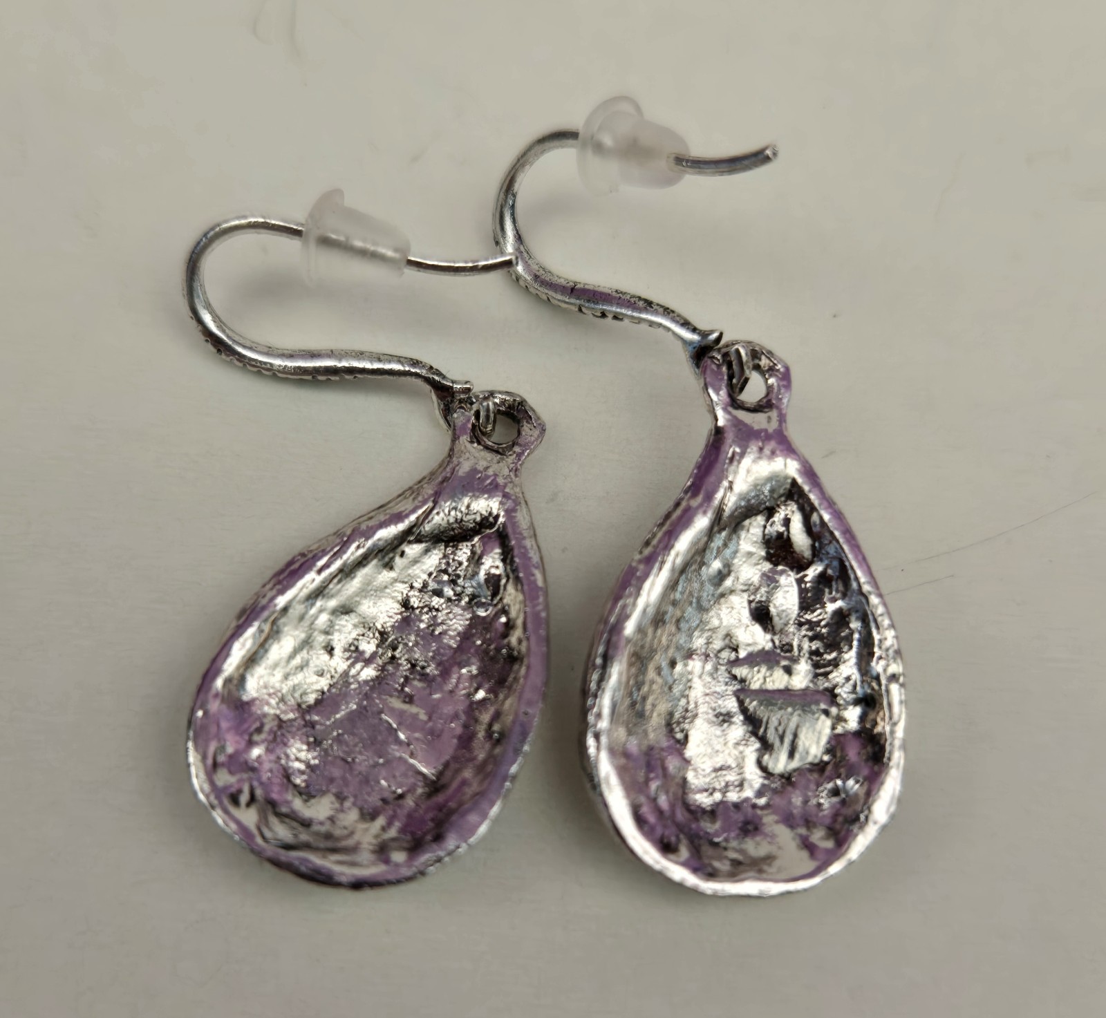 Blue White Enamel Dangle Earrings Teardrop Silver Tone Hook Backs Pierced Drop