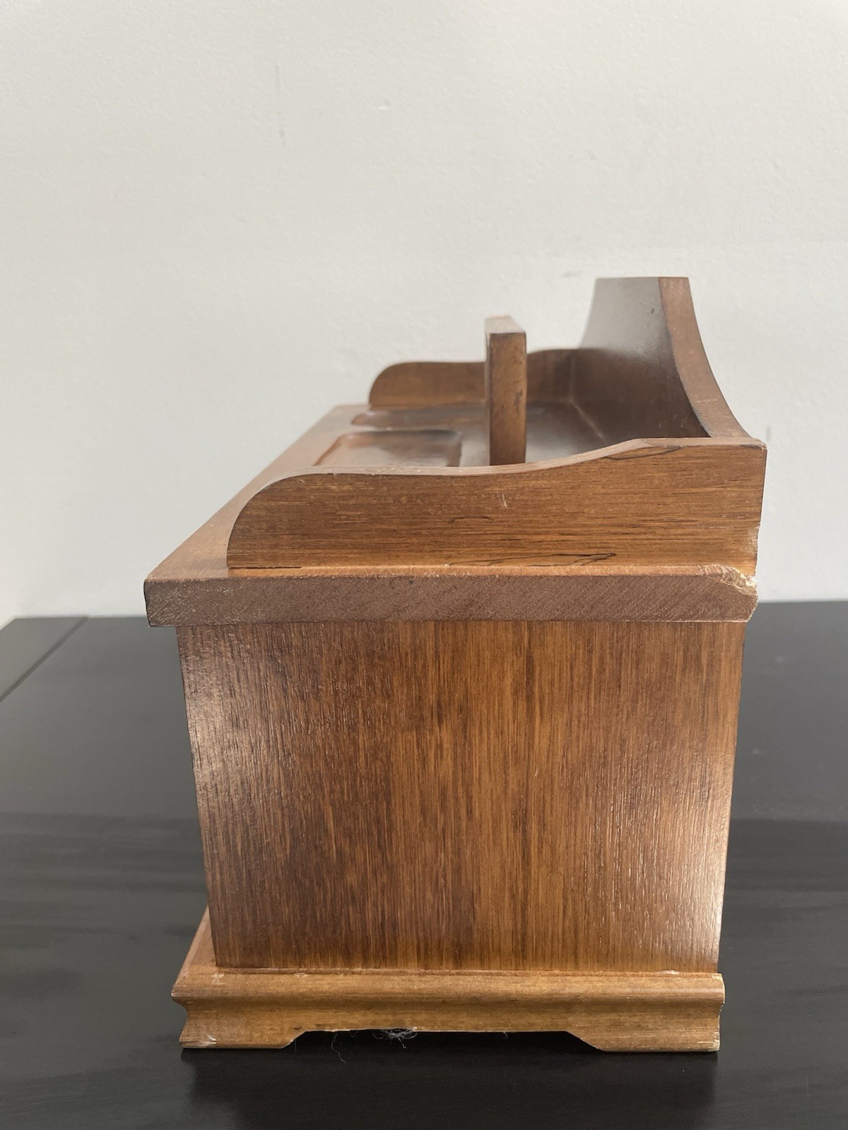 Vintage 1970s Carved Walnut Desktop Jewelry Box 3 Drawers 12”x 8,5”x 6”