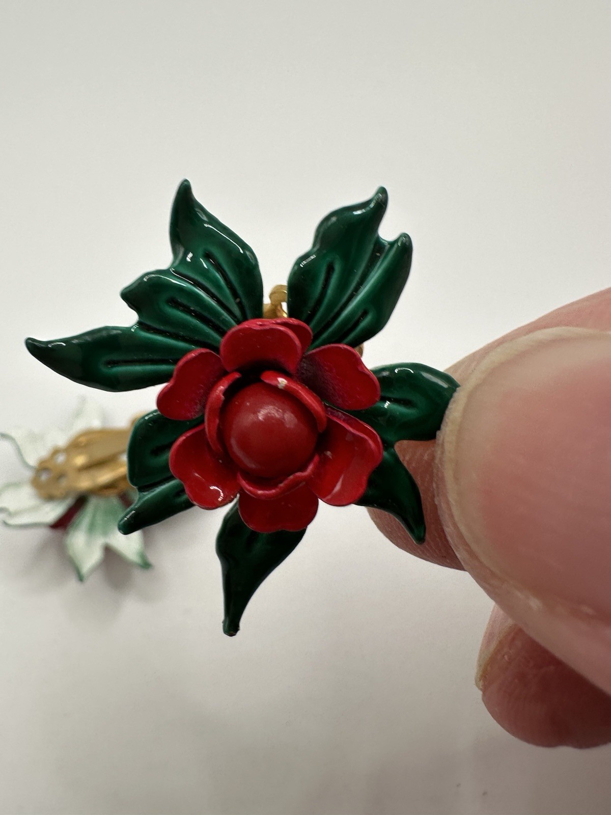 Vintage Metal and Enamel Red Rose Clip On Earrings 1”W