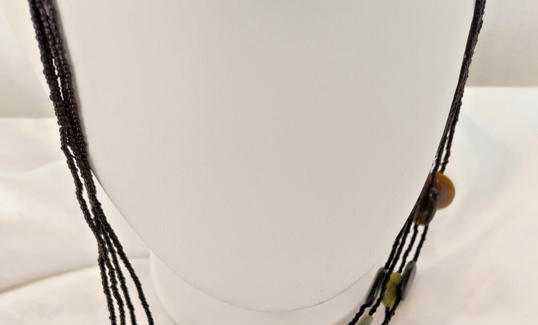 Women’s Necklace Beaded Multistrand Black Brown Green Black Discs Vintage
