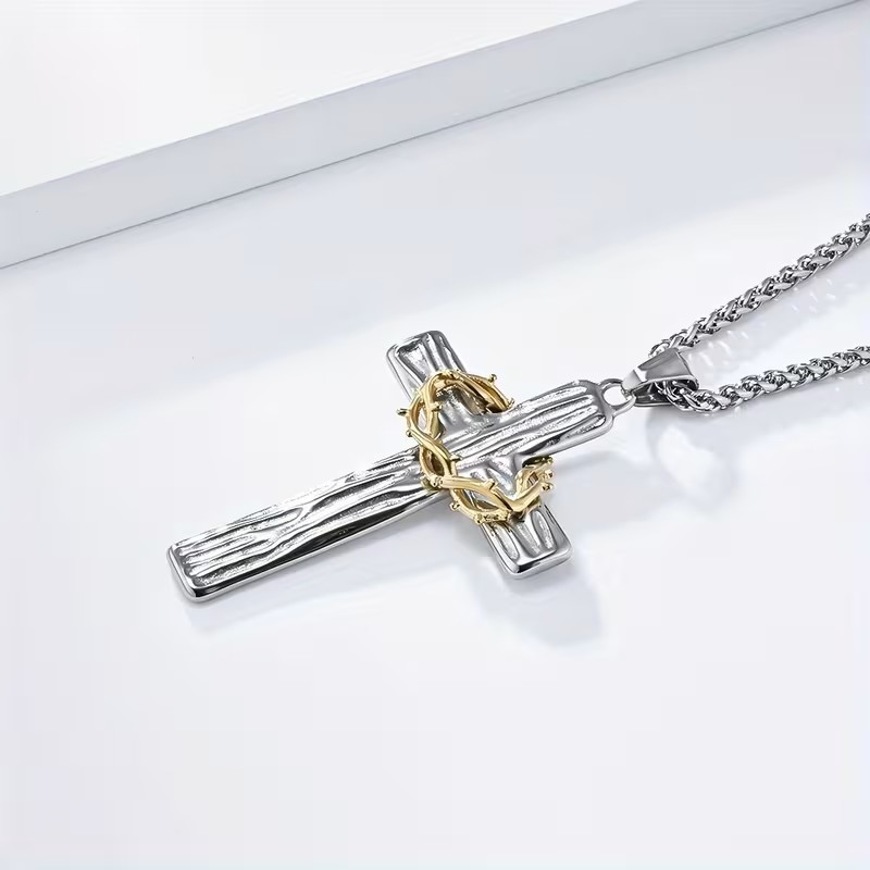 Silver Christian Cross Necklace Crown of Thorns Pendant Gift Jesus Mens