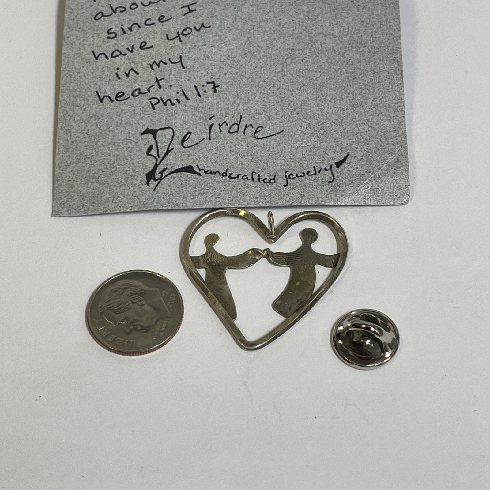 Sterling Silver Handcrafted Heart Outline Brooch With Couple Holding Hands, 2.7g