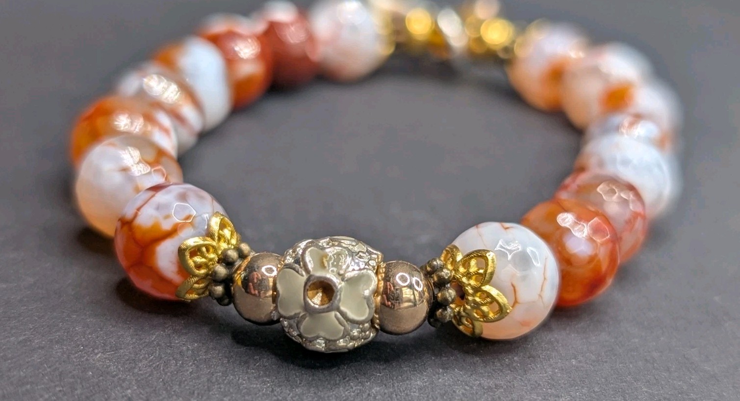 Women Stylish Orange, Cross Charm Beaded Stretch Bracelet (17cm) S/M 6.5″ Wrist