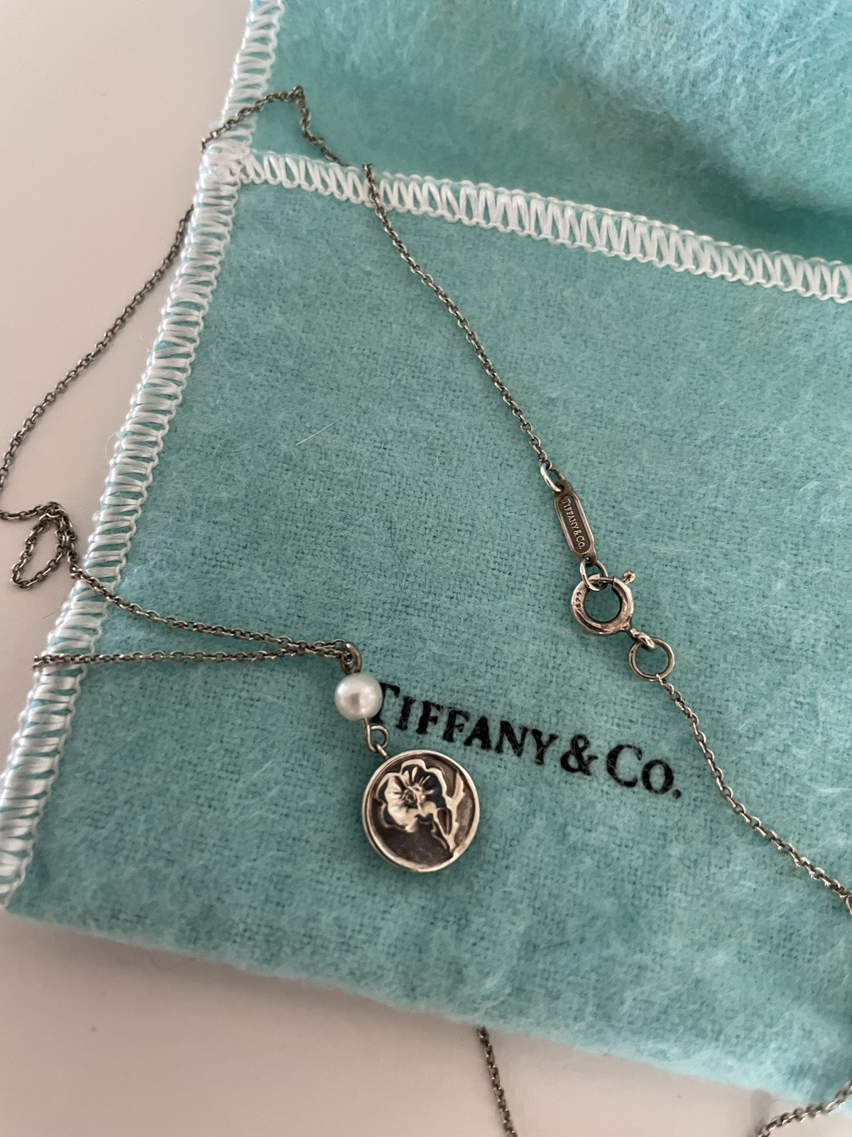 Tiffany & Co Silver RARE Nature Rose Pearl Pendant 17 Inch Necklace!