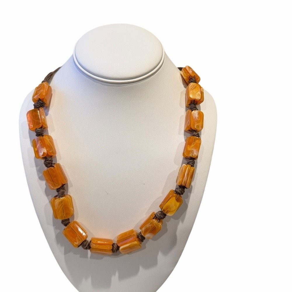 Chunky Amber Look Bead Necklace 28in Brown Cord Boho Artisan Statement