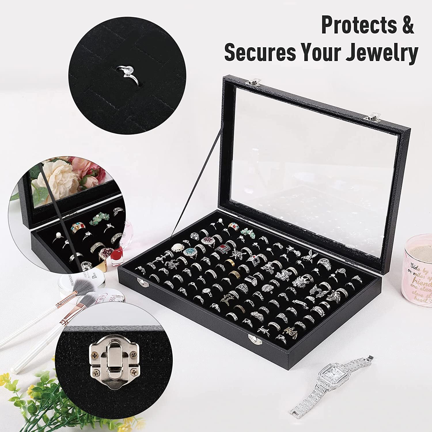 Black 100 Slots Ring Organizer Box,Ring Display Case Storage Boxes with Glass