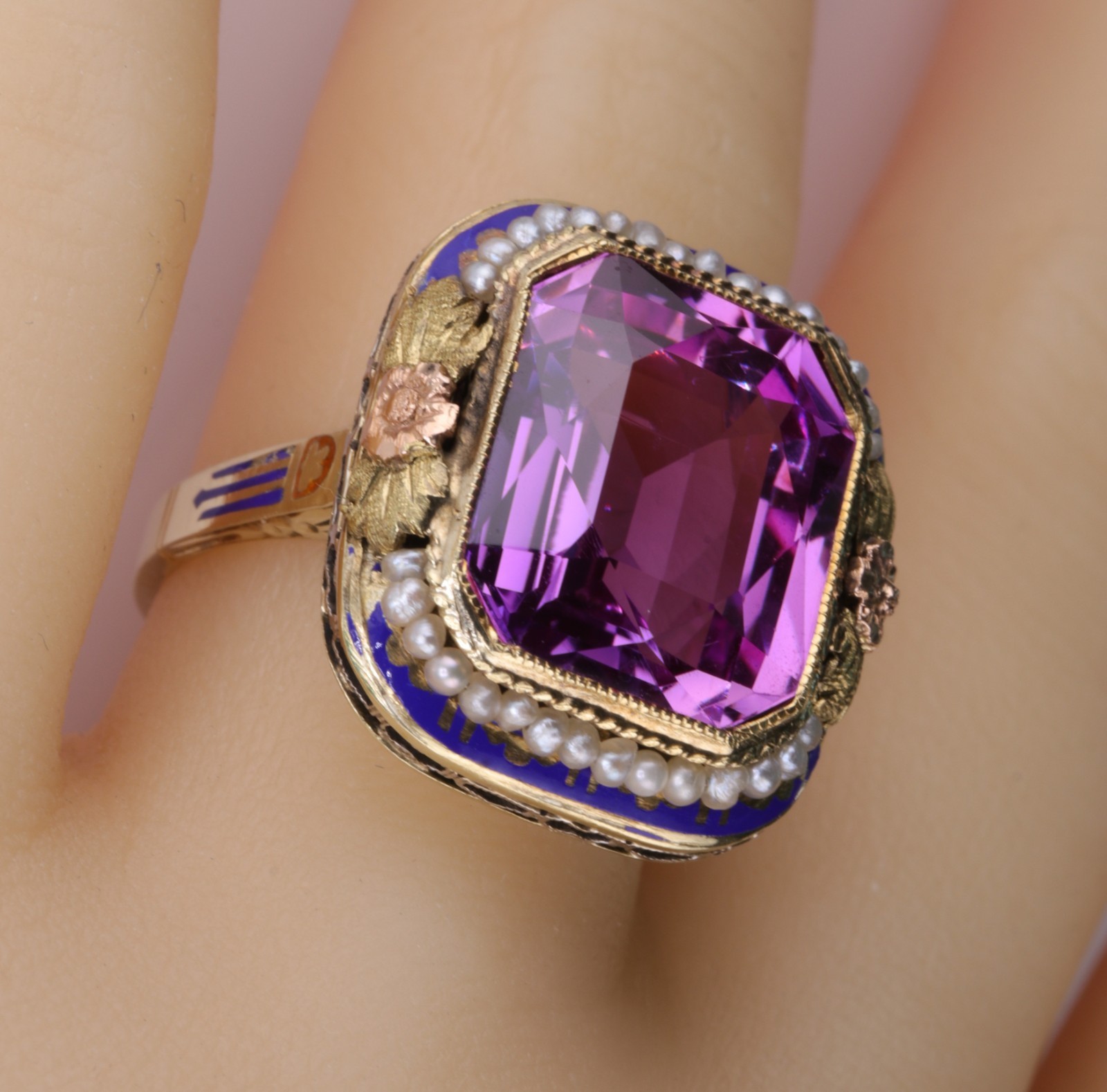 Spectacular Antique 14K Pink Sapphire and Enamel Ring 8.8 Grams Size 7-1/4