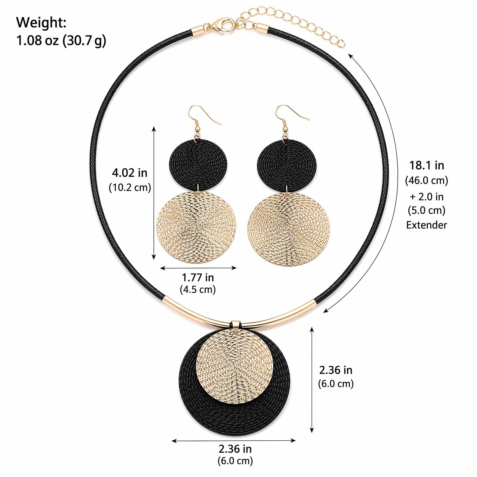 Gold Disc Pendant Necklace Earrings Set Leather Cord Black Circle Statement N…