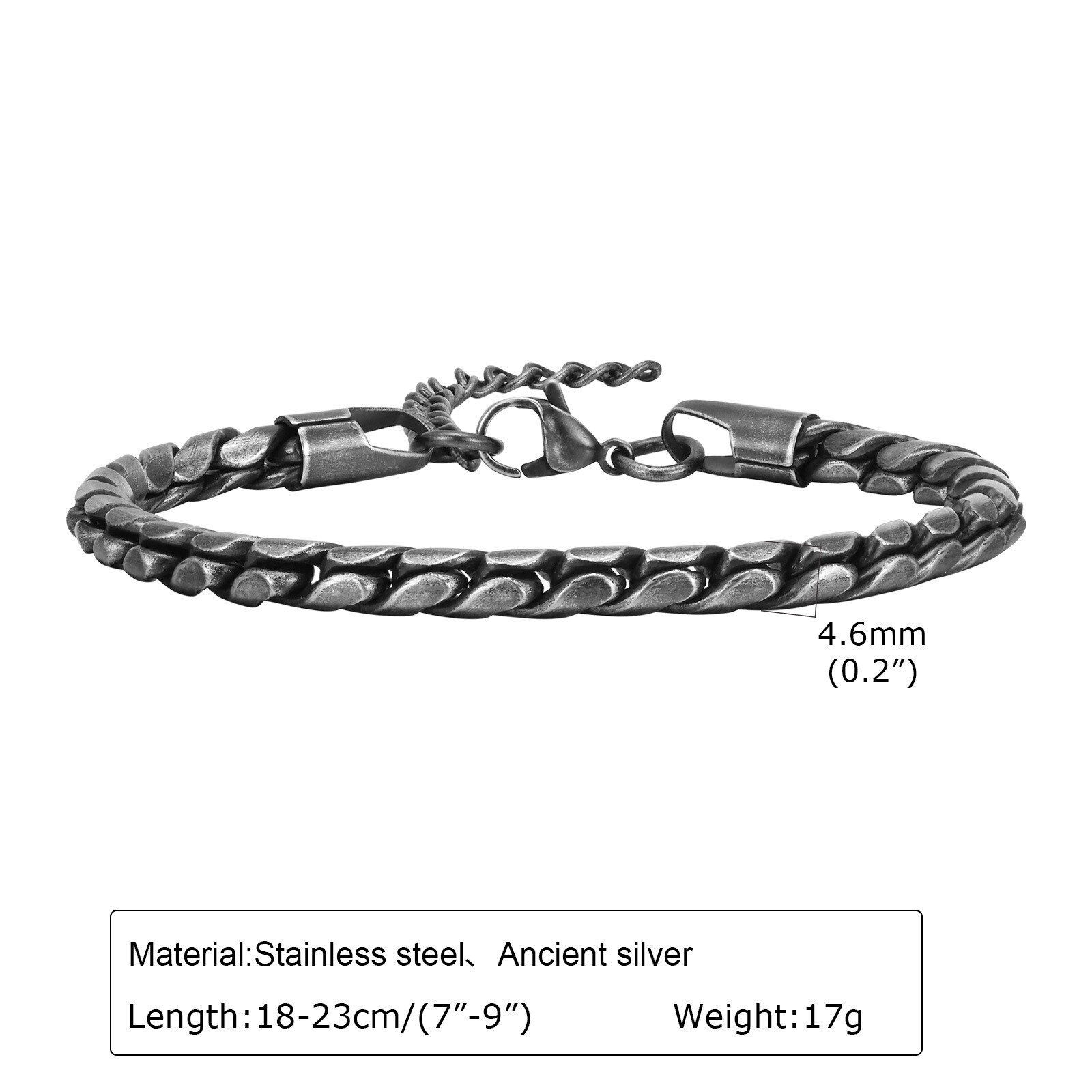 7″-9″ Silver Black Chain Bracelet Retro Men’s Stainless Steel Engagement 18-23cm