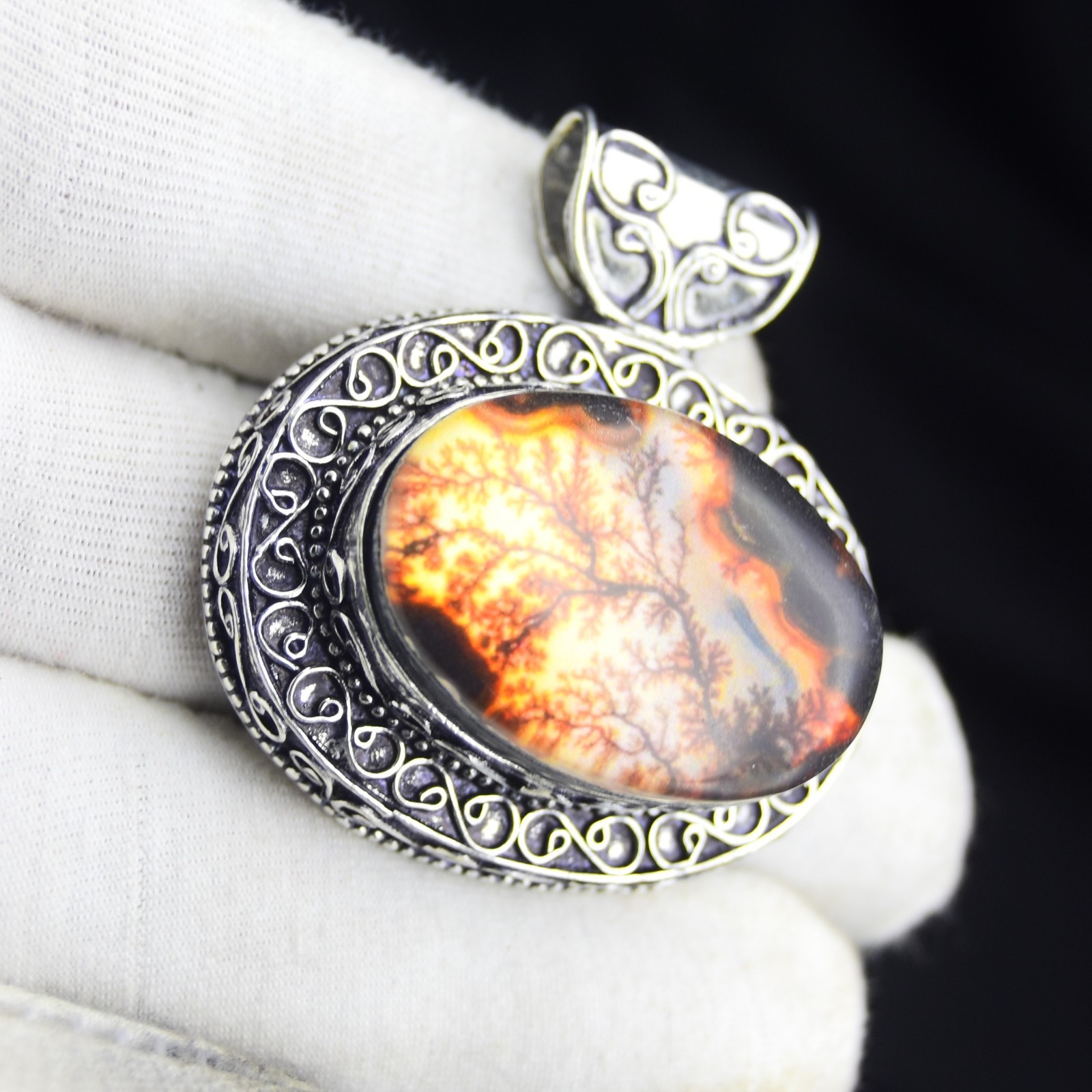 Fire Tree Dendritic Gemstone Pendant Handmade 925 Sterling Silver Jewelry 1.75″