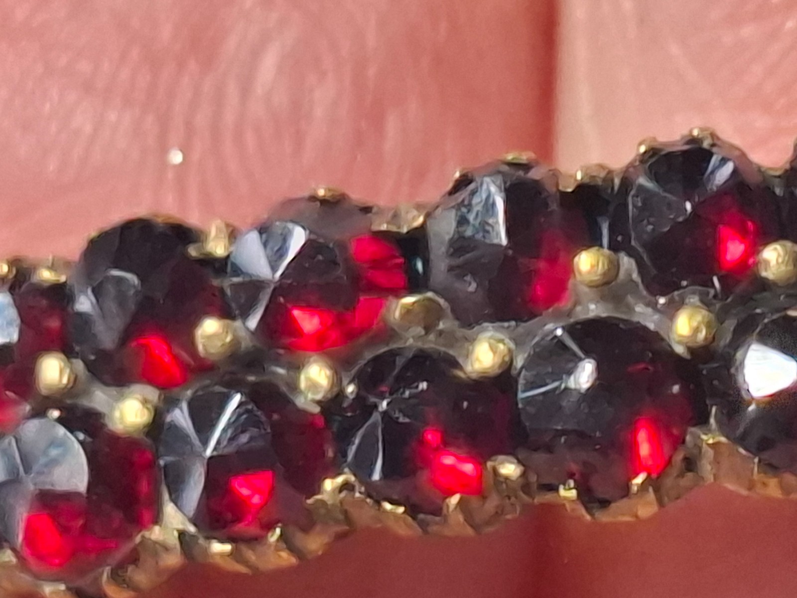 Solid Antique Gold Plated Bangle With Safety Clasp Red Garnets