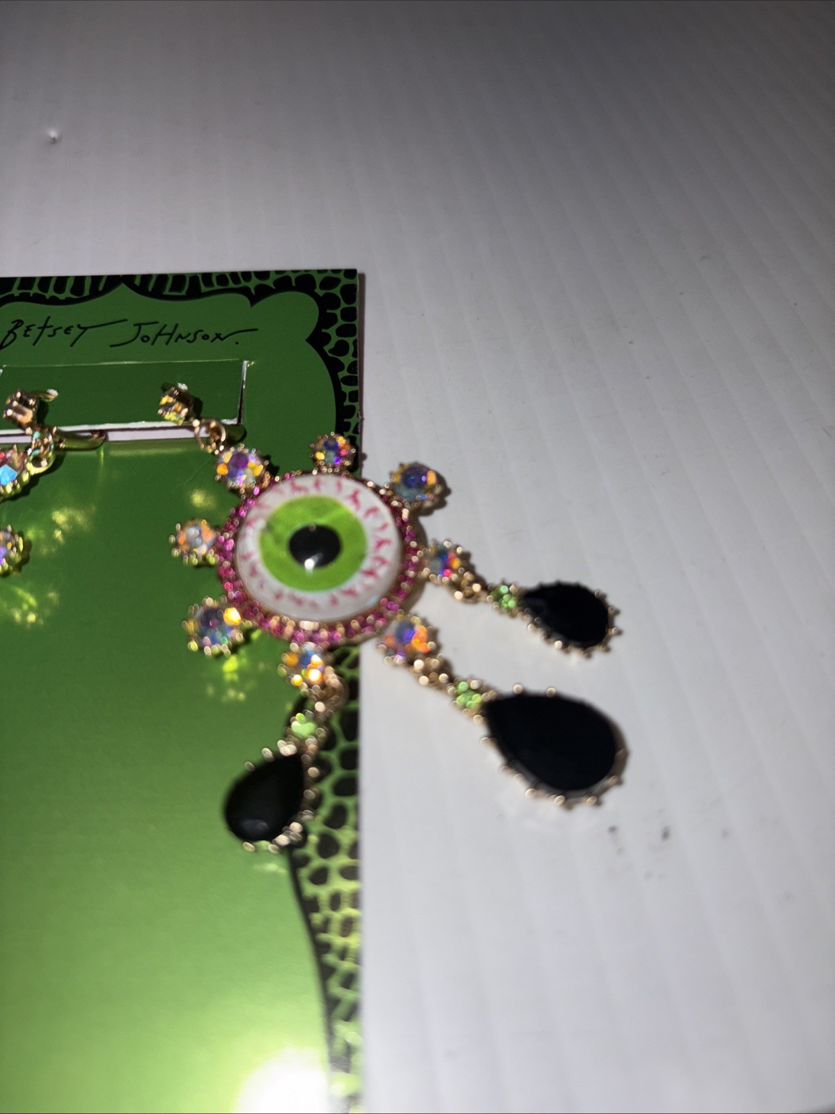 BETSEY JOHNSON DANGLE DROP EYEBALLS EARRINGS W BLACK CRYSTAL TEARS MULTI COLOR