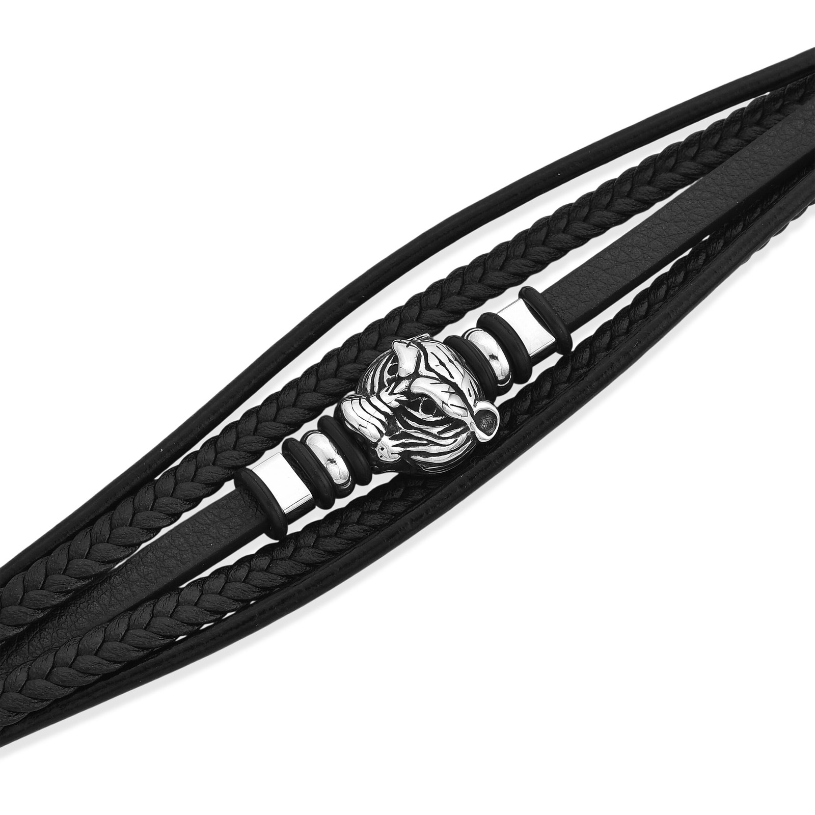 Braided Microfiber Leather Tiger Head Bracelet in Stainless Steel 8.00 In