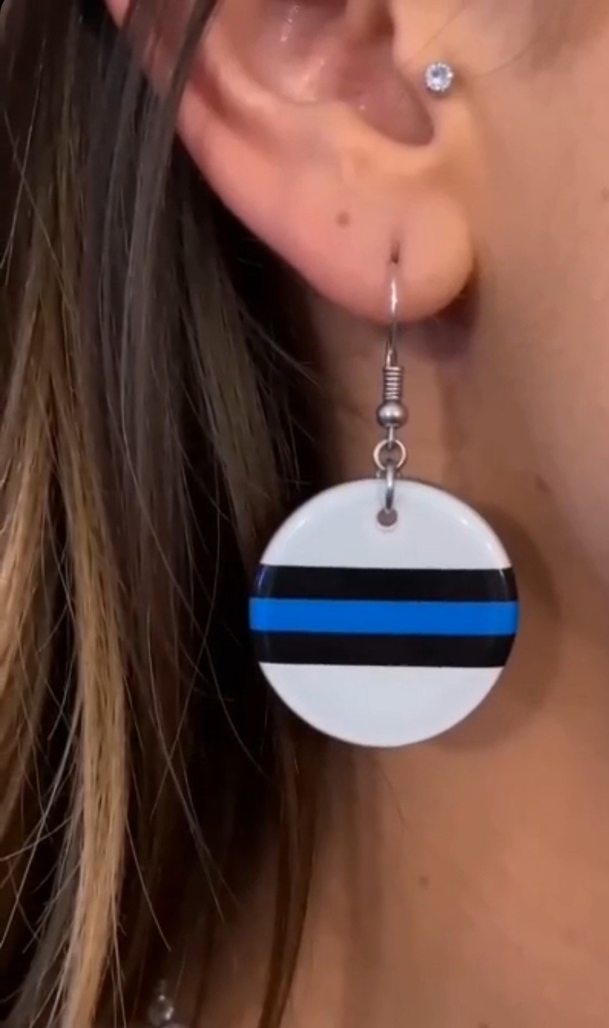 Round White Blue Black Stripe Resin, 925 Sterling Silver Hook Earrings.
