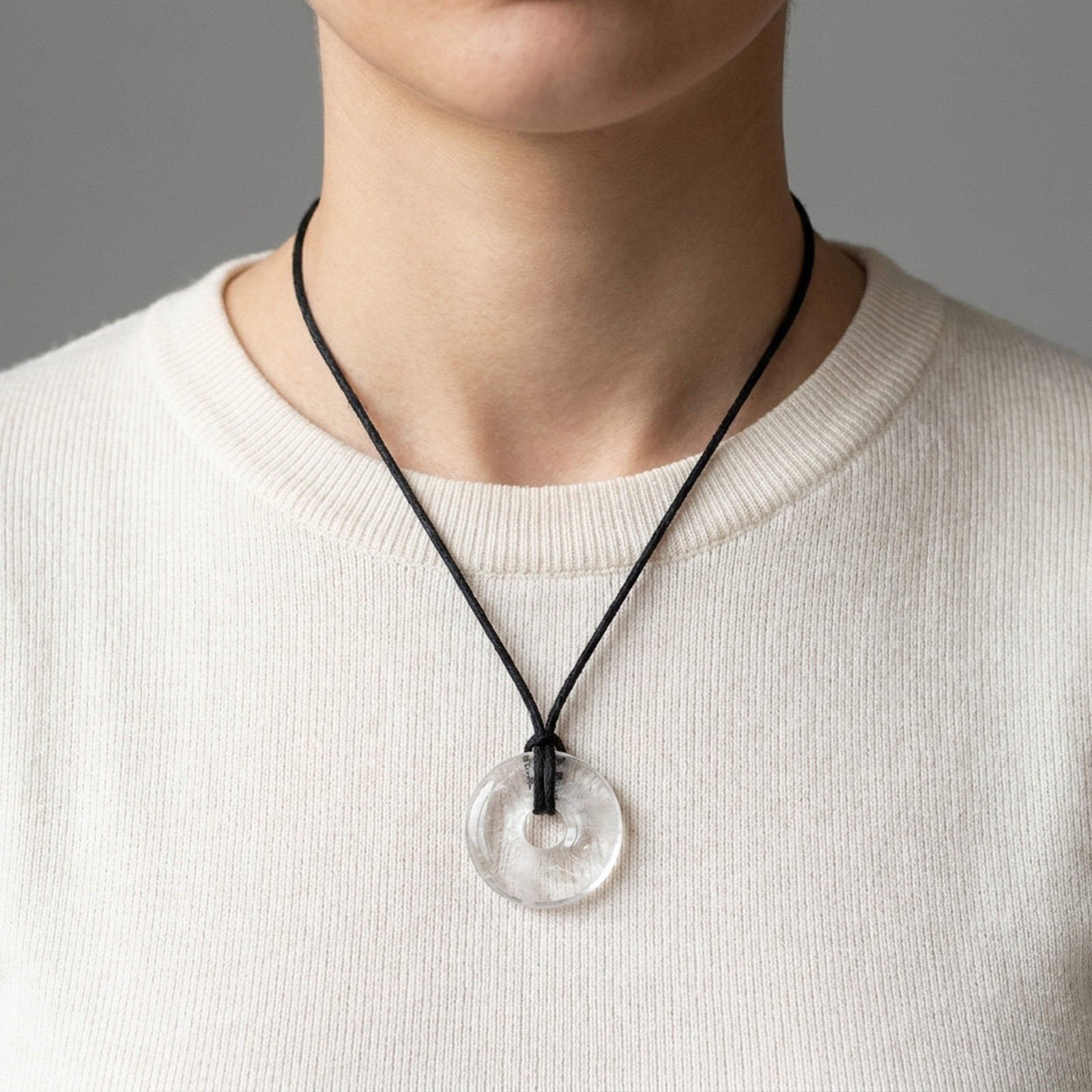 Rock Crystal Donut 30mm Pendant with Cotton Ribbon | Gemstone Jewellery