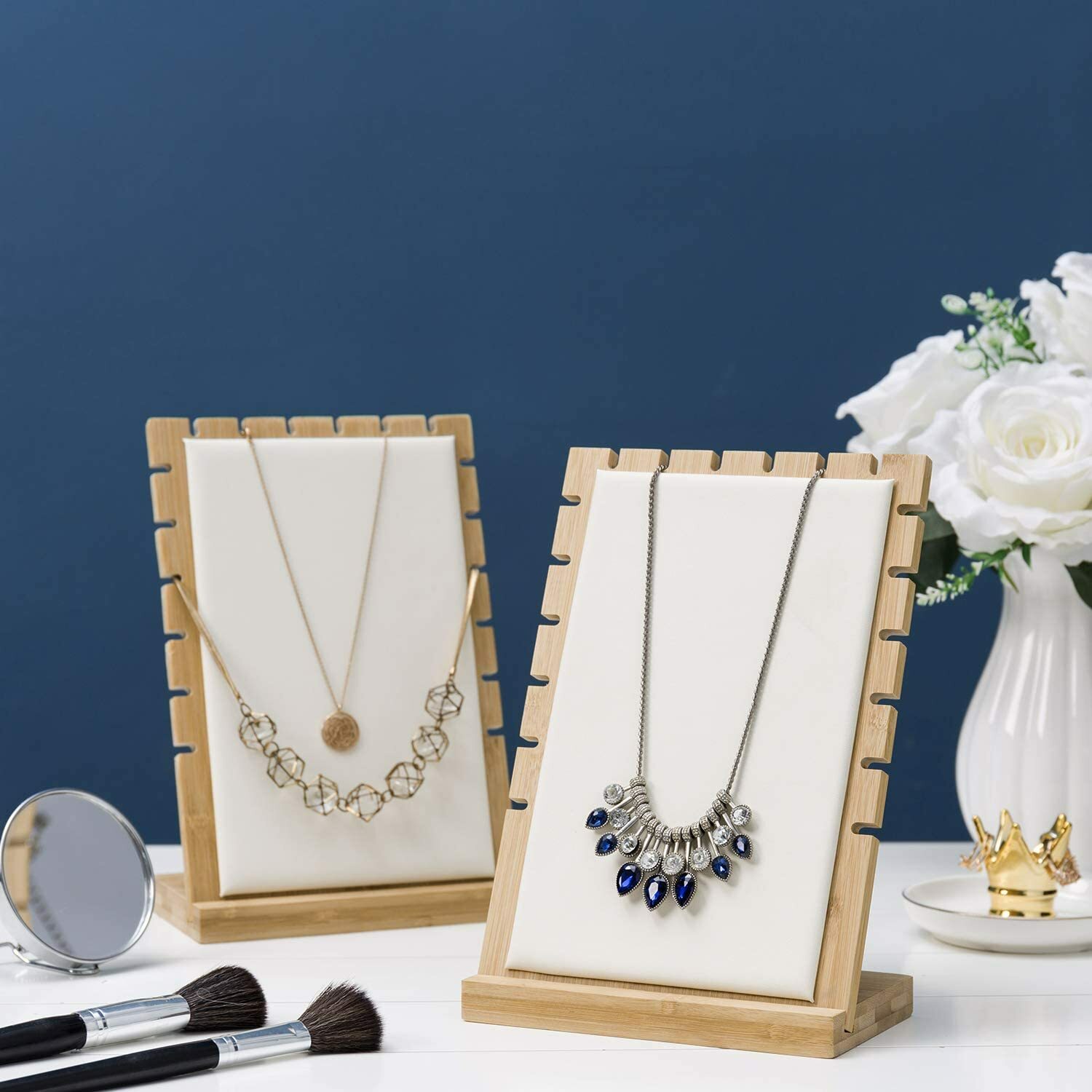 Tabletop Bamboo & White Panel Jewelry Display Board, Necklace Holder, Set of 2