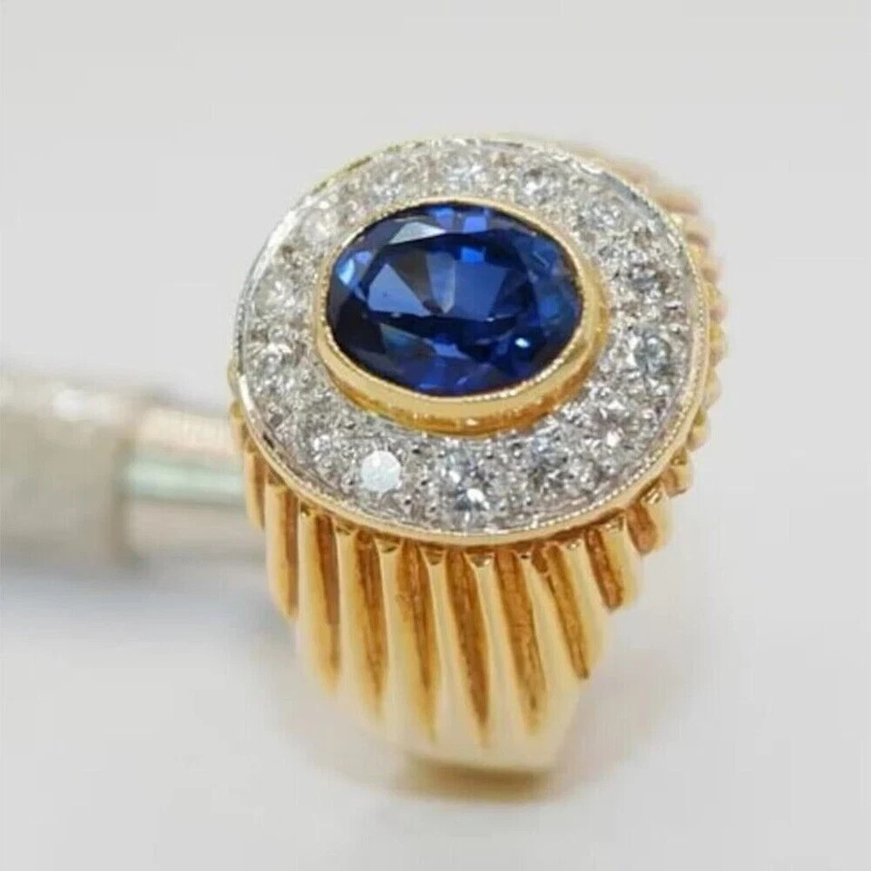 1.50CT Lab Grown Sapphire & Diamond 14K Yellow Gold Halo Engagement Men’s Ring