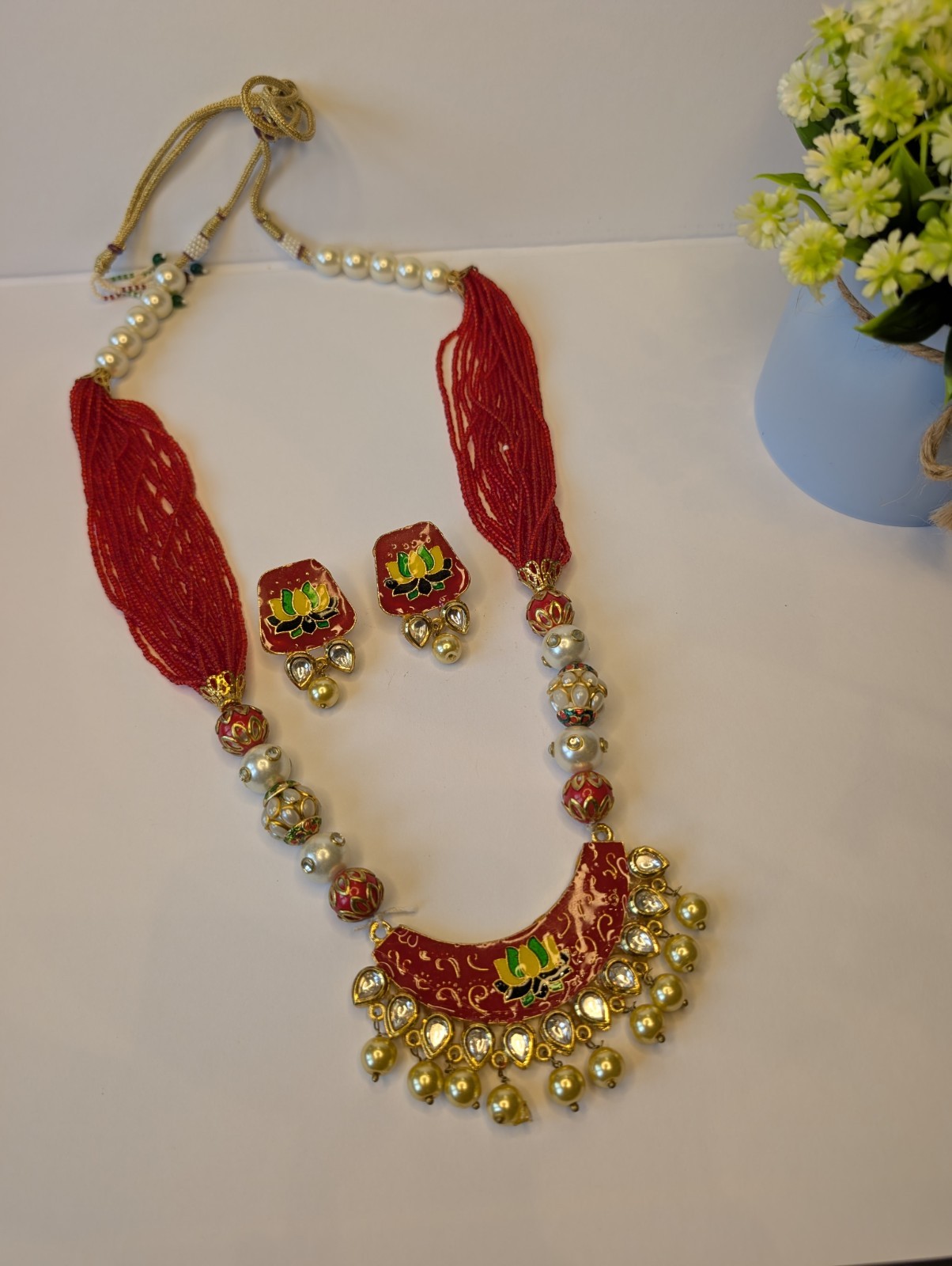 Handmade Lotus Thread Necklace Set Red Meenakari Pearl Indian Ethnic Jewelry
