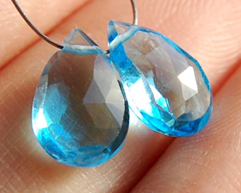 Natural Swiss Blue Topaz Faceted Pear Briolette Gemstone Pair Beads 7x11mm