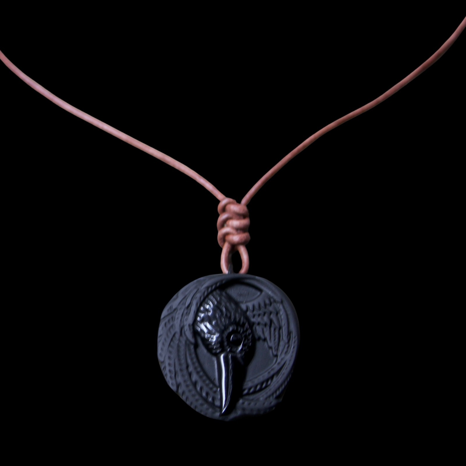 Obsidian Viking Raven Necklace with Genuine Hand Knotted Soft Brown Leather Cord